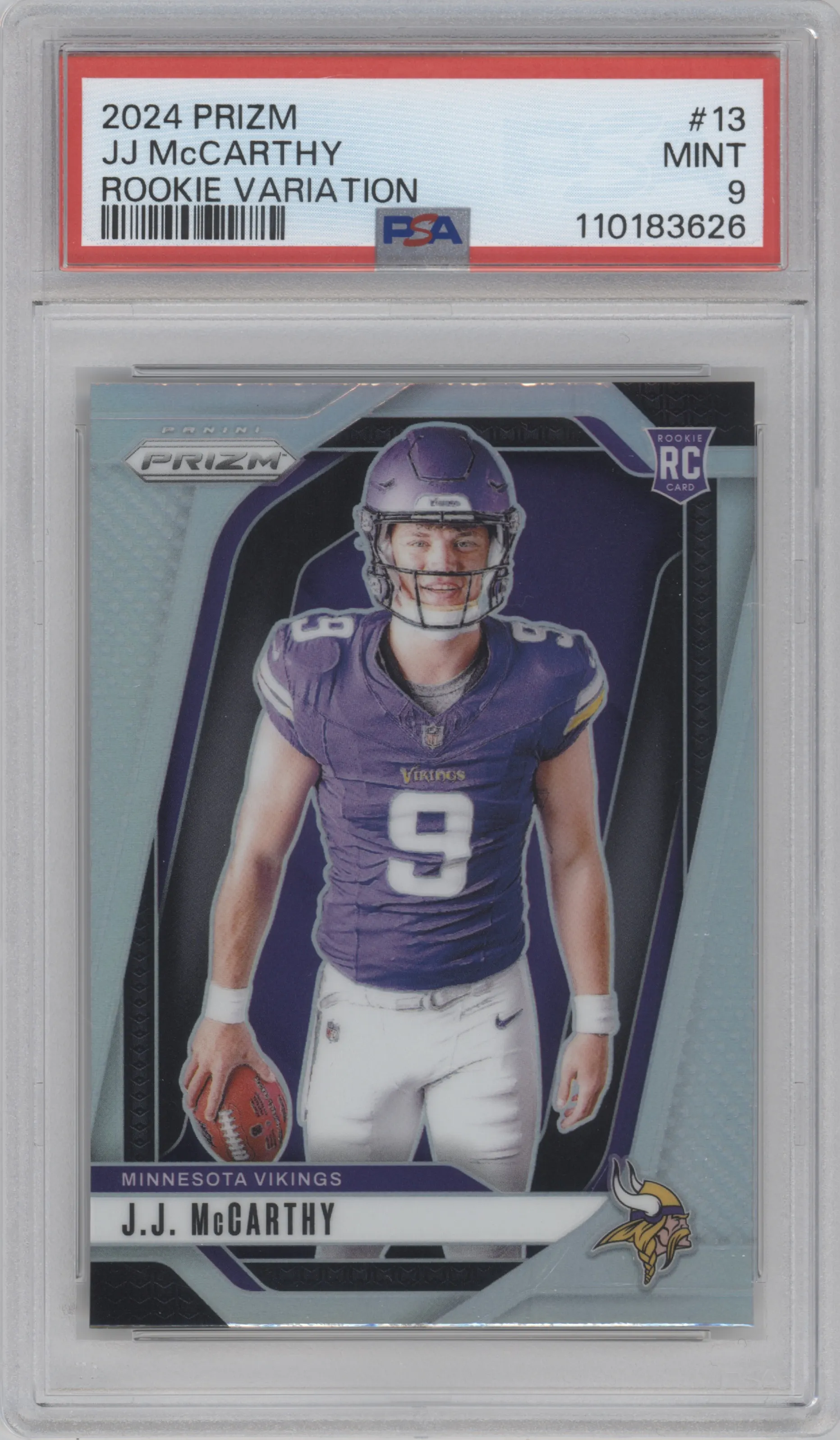 J.J. McCarthy from the 2024 Panini Prizm set graded by PSA and given an overall grade of 9.
