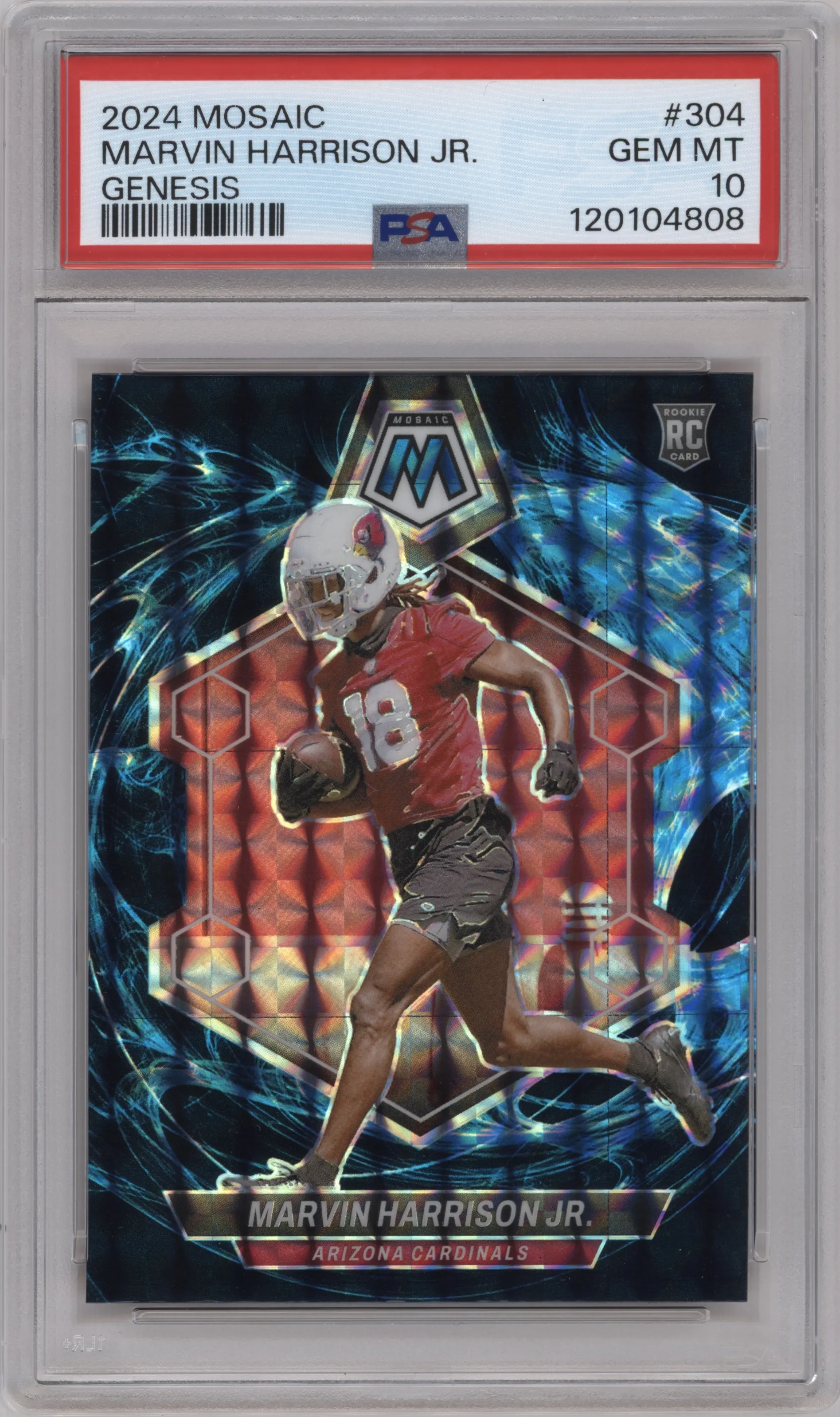 Marvin Harrison Jr. from the 2024 Panini Mosaic set featuring a Genesis parallel graded by PSA and given an overall grade of 10.