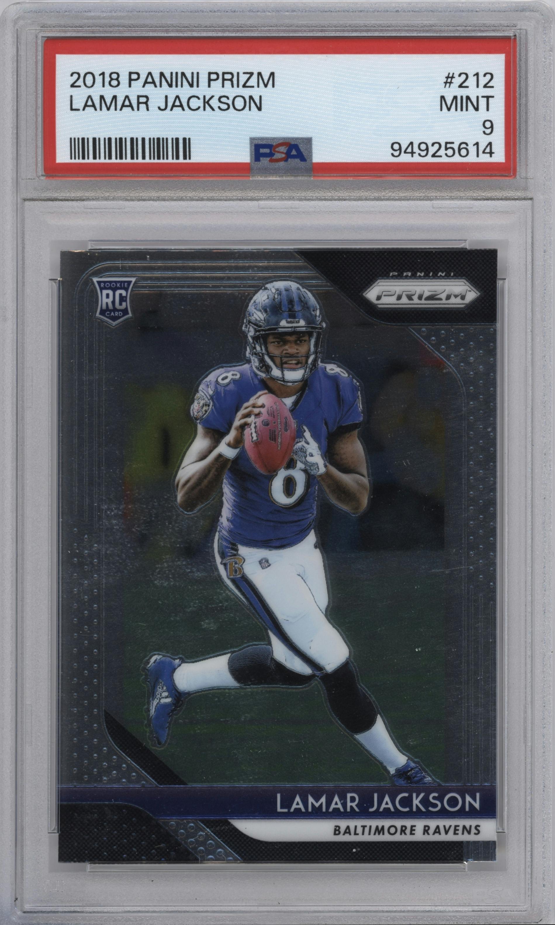 Lamar Jackson from the 2018 Panini Prizm set graded by PSA and given an overall grade of 9.