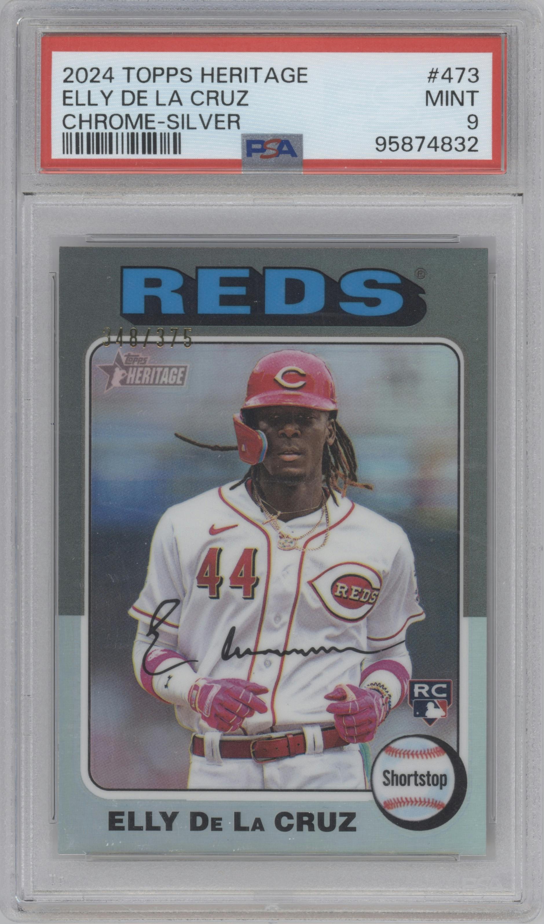 Elly De La Cruz from the 2024 Topps Heritage set featuring a Chrome Silver Refractor parallel graded by PSA and given an overall grade of 9.