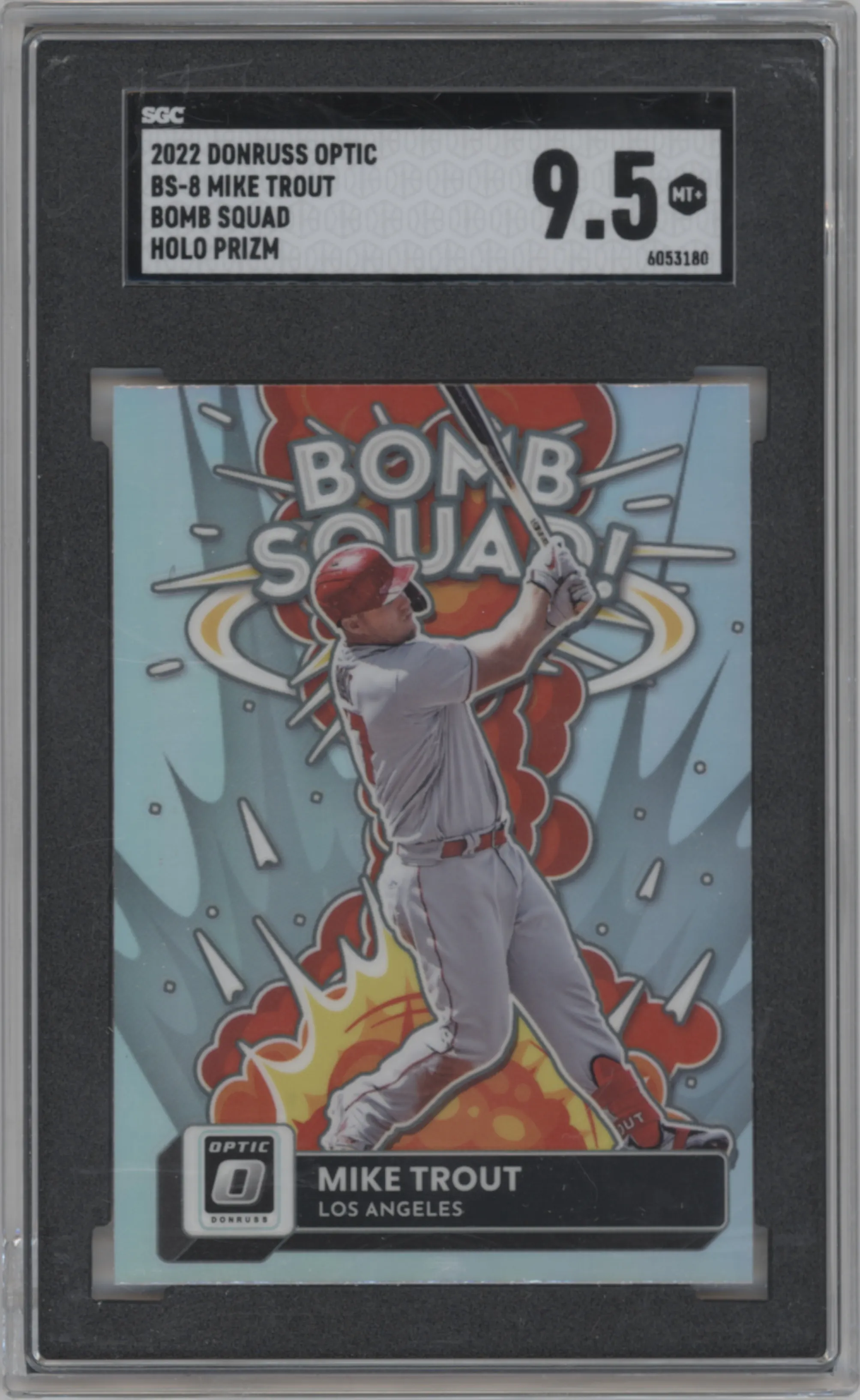 Mike Trout from the 2022 Donruss Optic set featuring a Holo parallel graded by SGC and given an overall grade of 9.5.