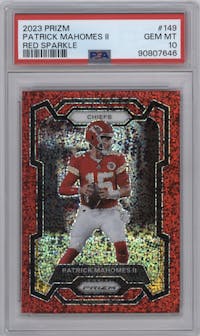 Patrick Mahomes II from the 2023 Panini Prizm set featuring a Red Sparkle Prizm parallel graded by PSA and given an overall grade of 10.