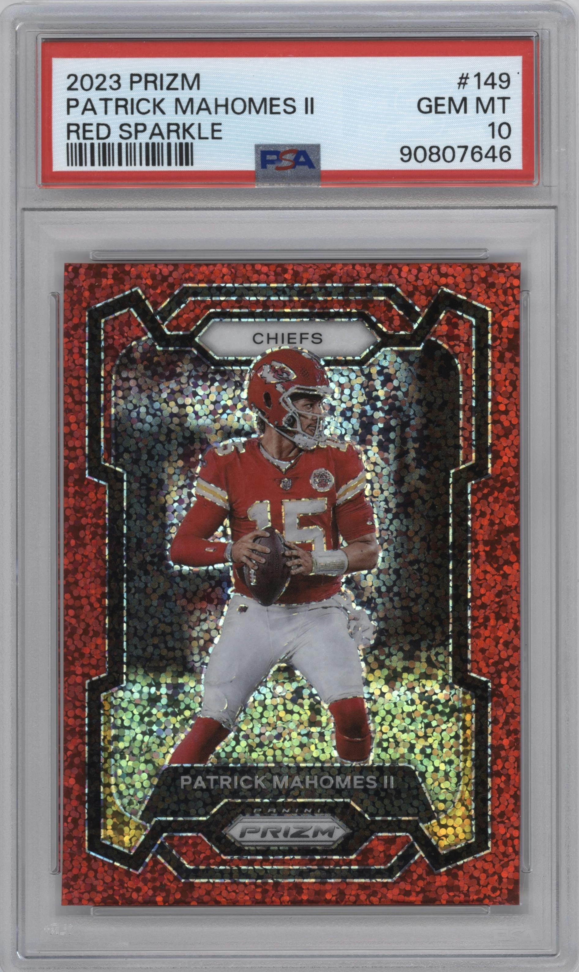 Patrick Mahomes II from the 2023 Panini Prizm set featuring a Red Sparkle Prizm parallel graded by PSA and given an overall grade of 10.