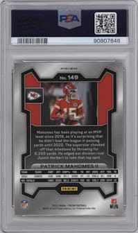 Patrick Mahomes II from the 2023 Panini Prizm set featuring a Red Sparkle Prizm parallel graded by PSA and given an overall grade of 10.