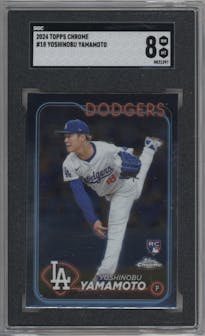 Yoshinobu Yamamoto from the 2024 Topps Chrome set graded by SGC and given an overall grade of 8.