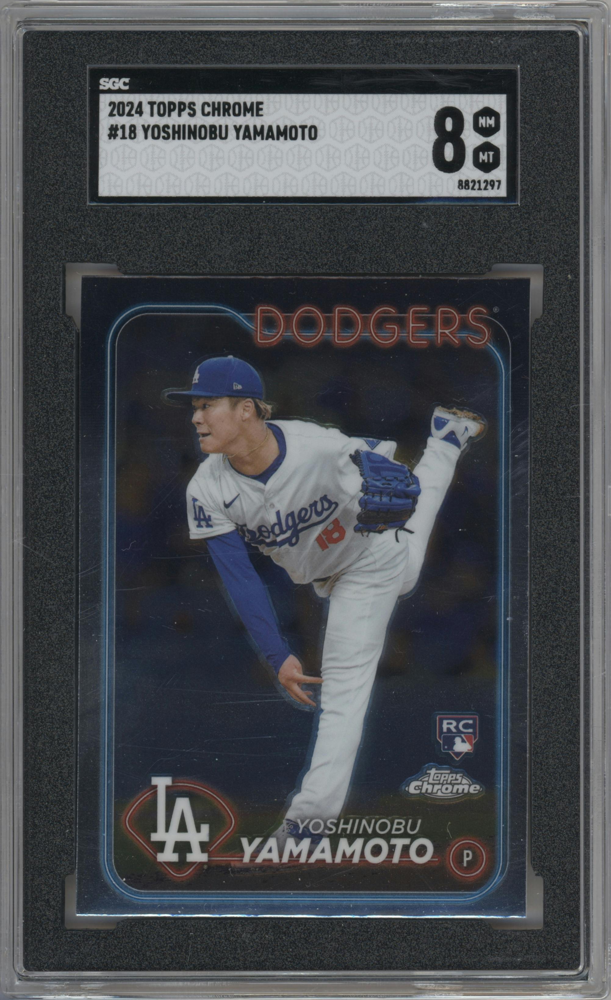 Yoshinobu Yamamoto from the 2024 Topps Chrome set graded by SGC and given an overall grade of 8.