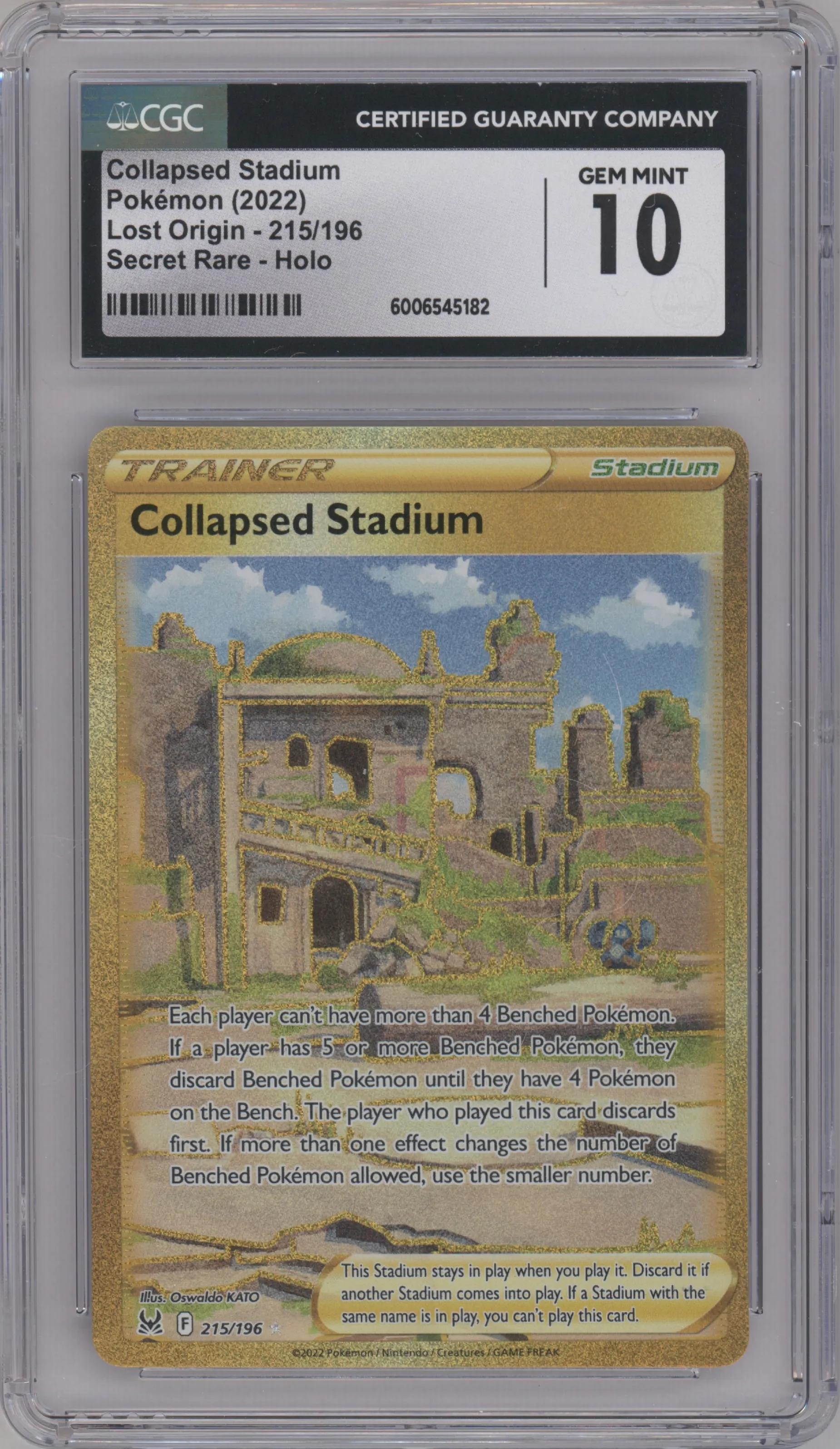 Collapsed Stadium from the 2022 Pokemon SWSH set graded by CSG and given an overall grade of 10.