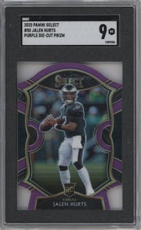 Jalen Hurts from the 2020 Panini Select set featuring a Die-Cut Purple parallel graded by SGC and given an overall grade of 9.
