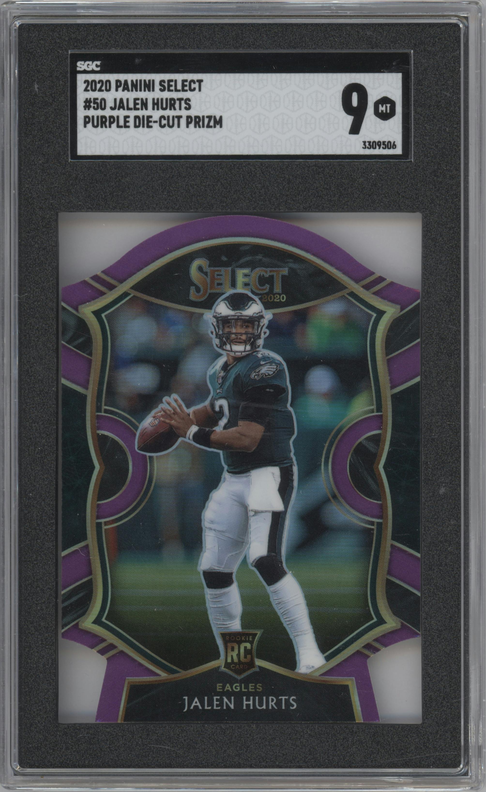 Jalen Hurts from the 2020 Panini Select set featuring a Die-Cut Purple parallel graded by SGC and given an overall grade of 9.