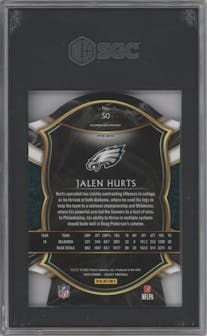 Jalen Hurts from the 2020 Panini Select set featuring a Die-Cut Purple parallel graded by SGC and given an overall grade of 9.
