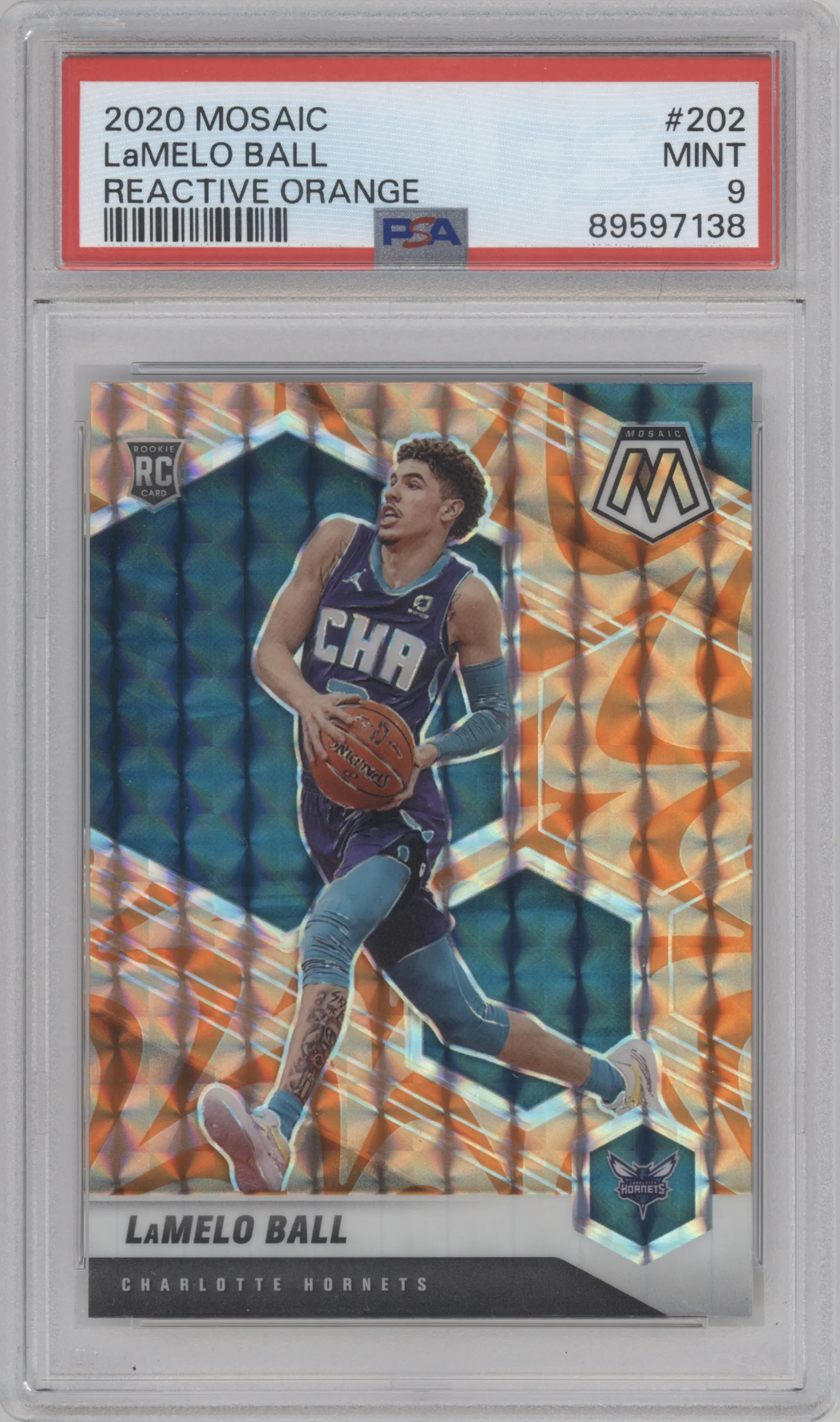 LaMelo Ball from the 2020-21 Panini Mosaic set featuring a Reactive Orange parallel graded by PSA and given an overall grade of 9.