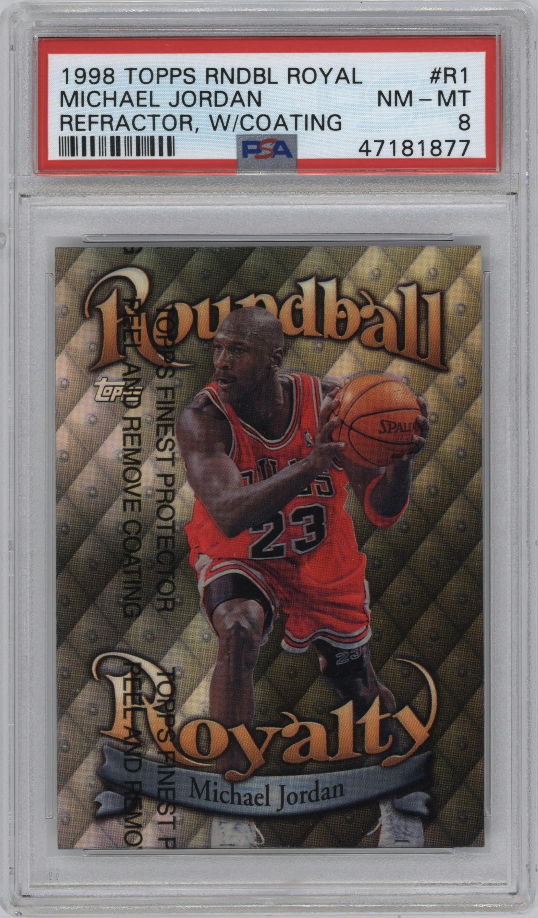 Michael Jordan from the 1998-99 Topps set featuring a Refractor W/Coating parallel graded by PSA and given an overall grade of 8.