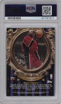 Michael Jordan from the 1998-99 Topps set featuring a Refractor W/Coating parallel graded by PSA and given an overall grade of 8.