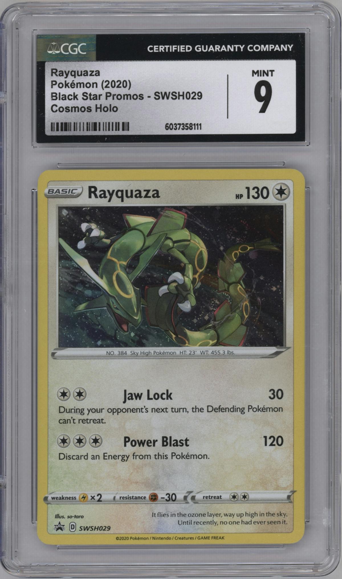 Rayquaza from the 2020 Pokemon SWSH set featuring a Triple Blisters Pack parallel graded by CSG and given an overall grade of 9.