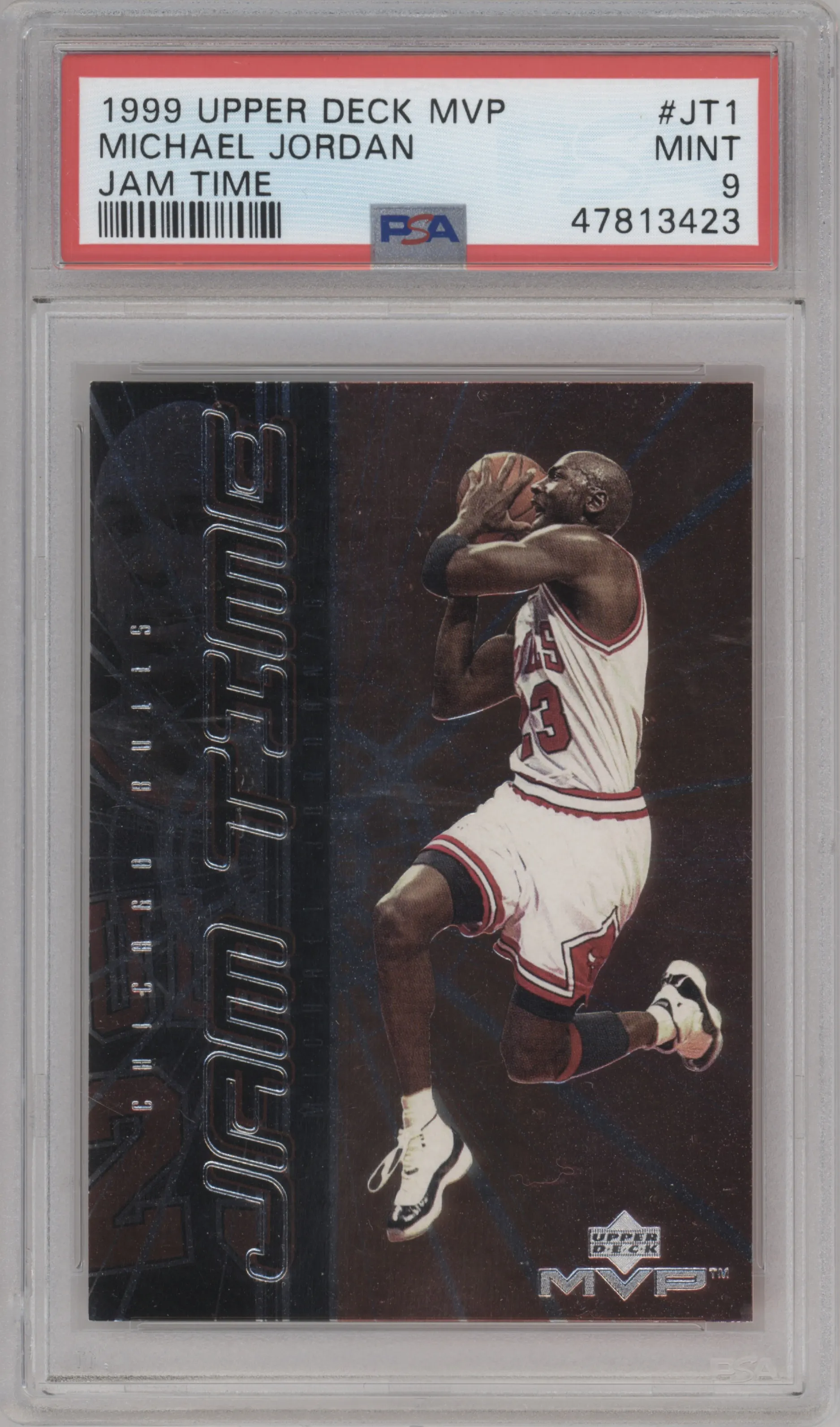 Michael Jordan from the 1999-00 Upper Deck MVP set graded by PSA and given an overall grade of 9.
