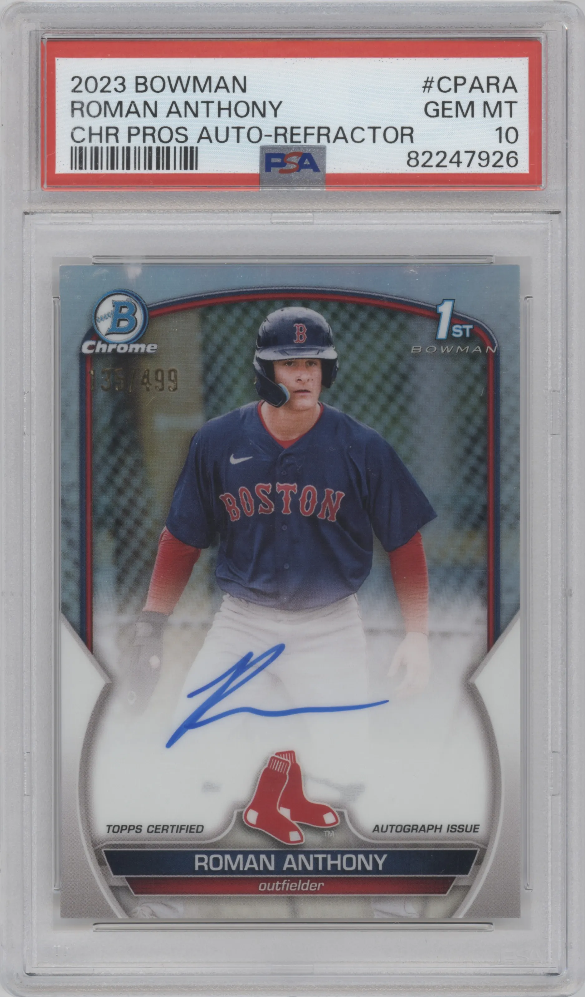 Roman Anthony from the 2023 Bowman  set featuring a Refractor parallel graded by PSA and given an overall grade of 10.