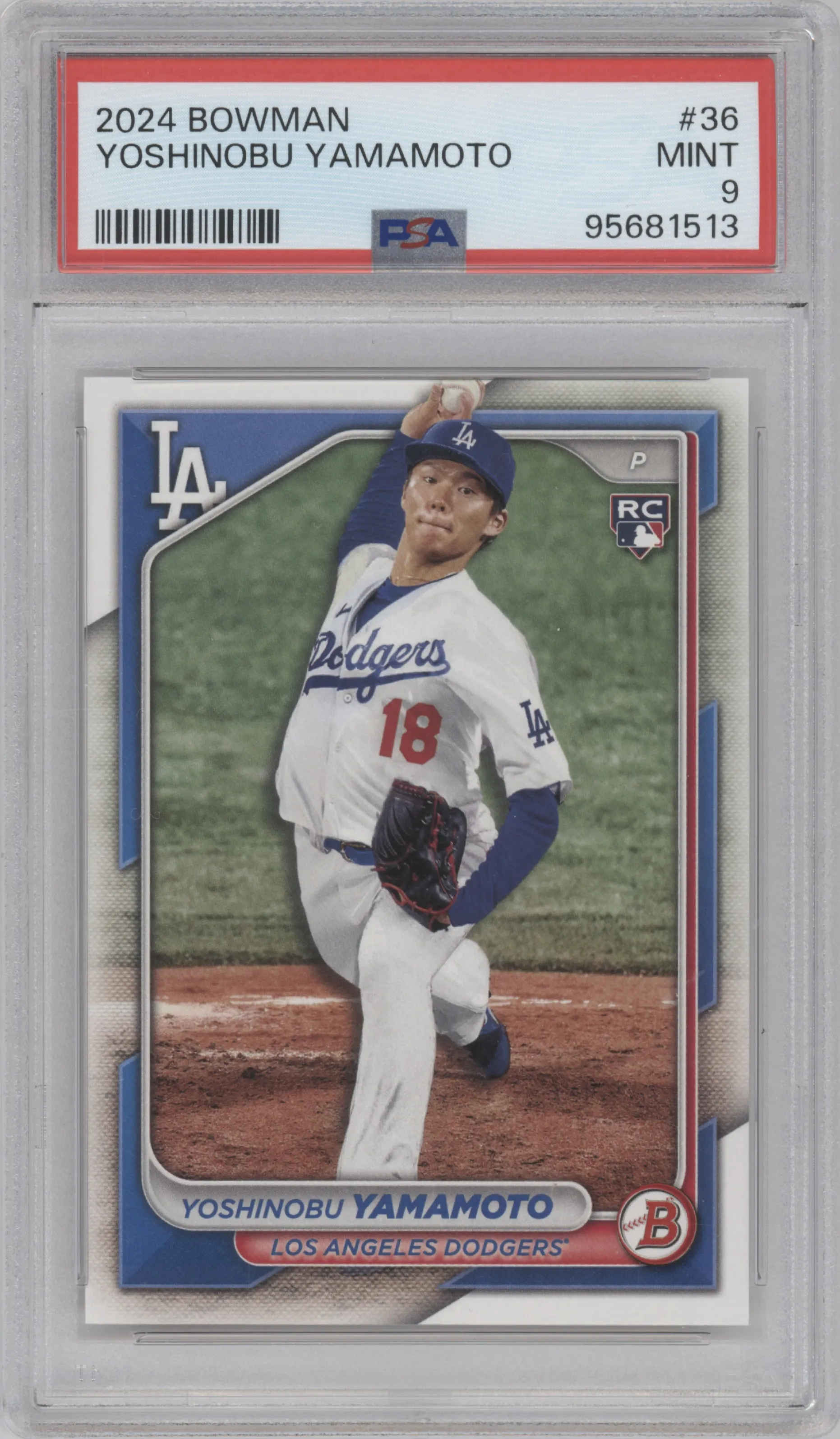 Yoshinobu Yamamoto from the 2024 Bowman set graded by PSA and given an overall grade of 9.
