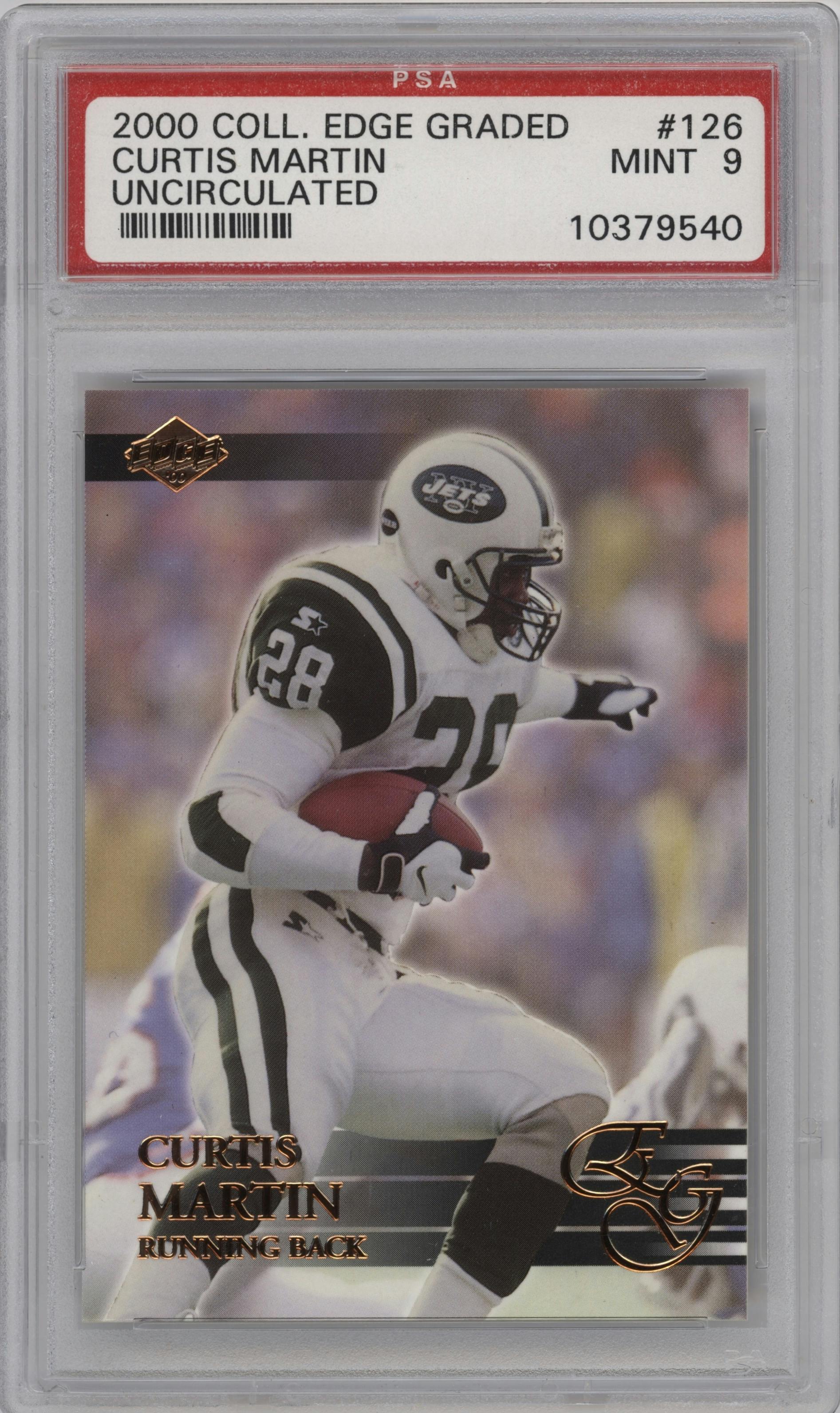 Curtis Martin from the 2000 Collector's Edge EG set featuring a Uncirculated parallel graded by PSA and given an overall grade of 9.