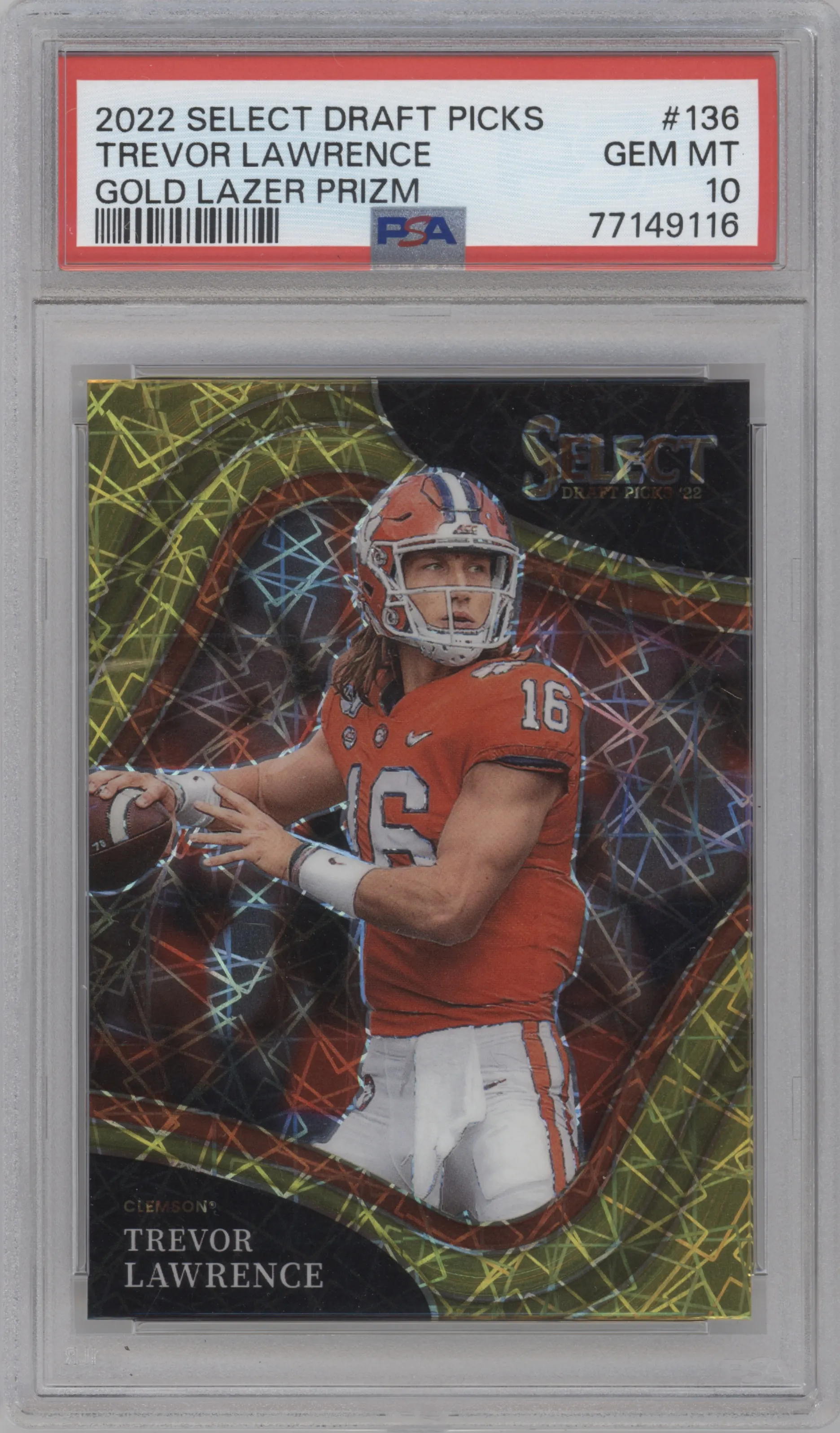 Trevor Lawrence from the 2022 Panini Select Draft Picks set featuring a Gold Lazer parallel graded by PSA and given an overall grade of 10.