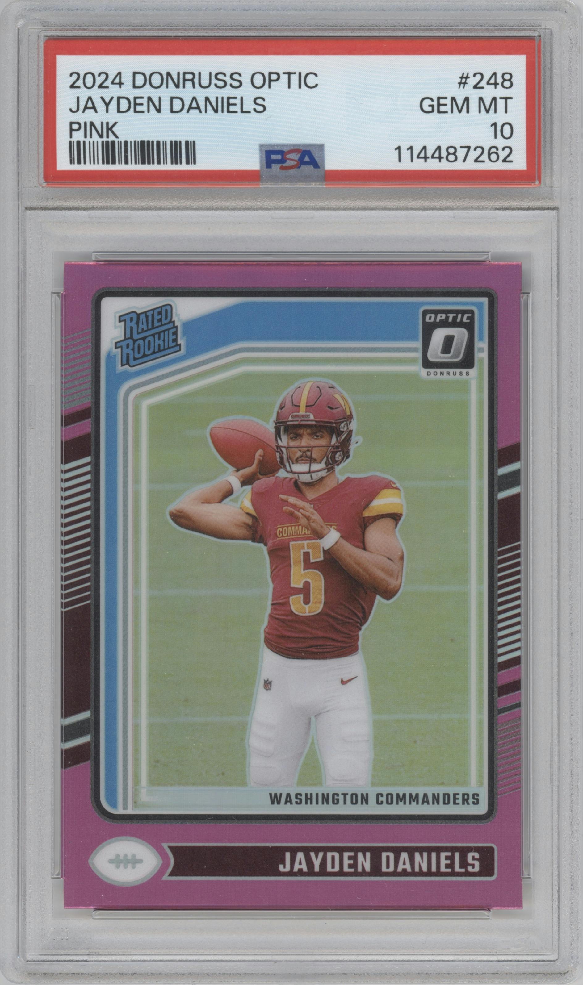 Jayden Daniels from the 2024 Donruss Optic set featuring a Pink parallel graded by PSA and given an overall grade of 10.