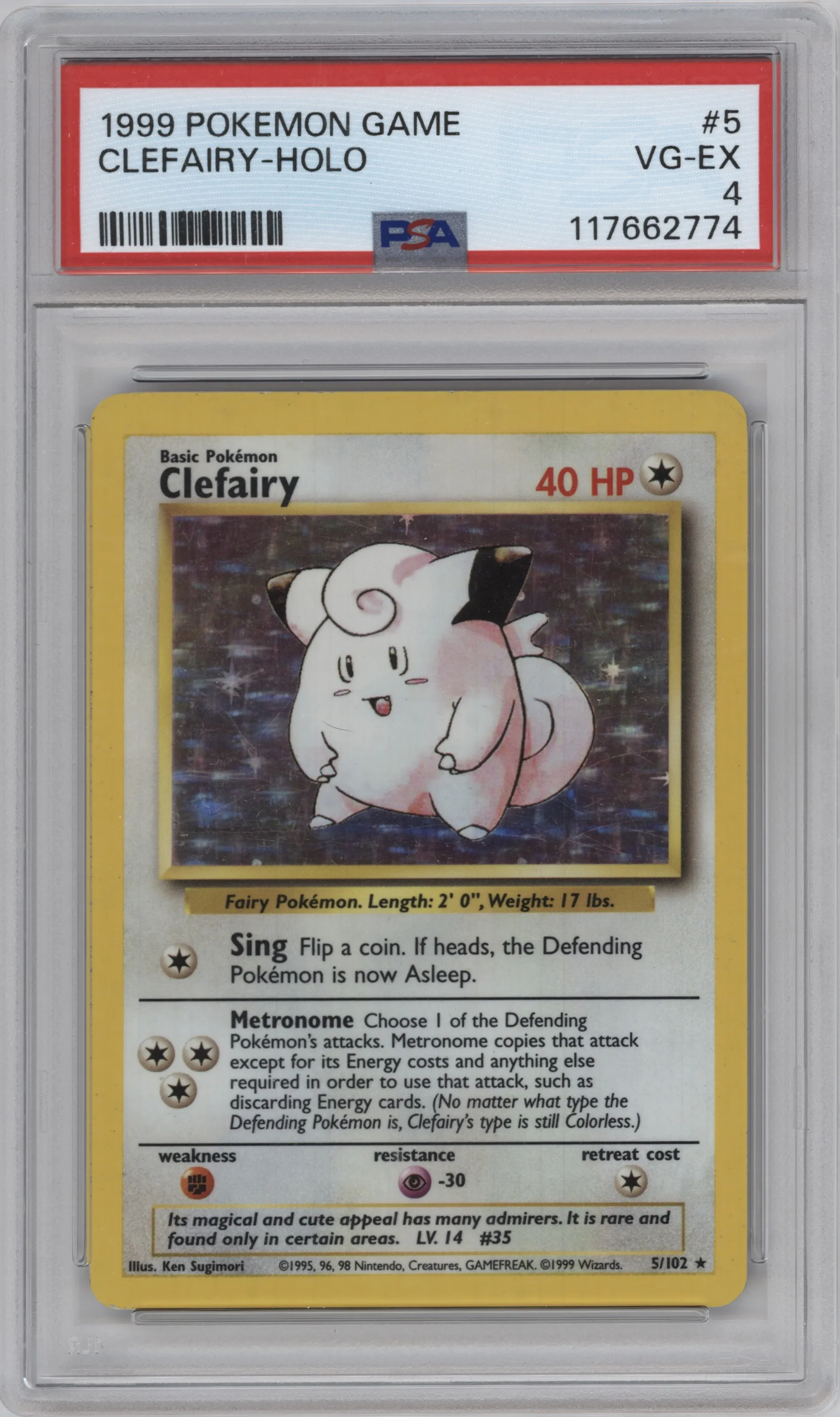 Clefairy from the 1999 Pokemon set graded by PSA and given an overall grade of 4.