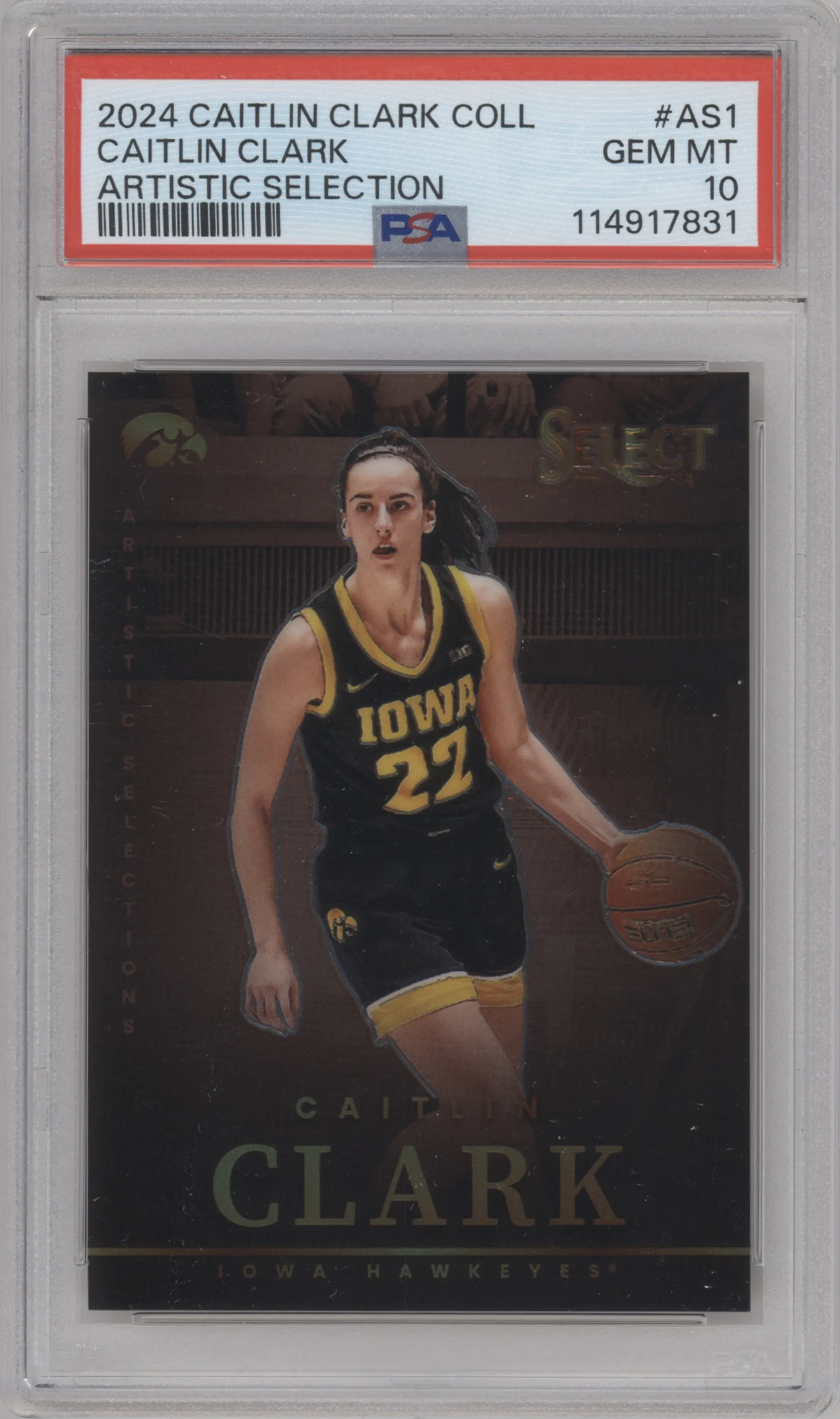 Caitlin Clark from the 2024 Panini Caitlin Clark Collection set graded by PSA and given an overall grade of 10.