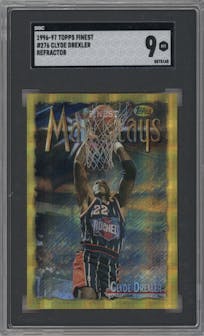 Clyde Drexler from the 1996-97 Topps Finest set featuring a Refractor parallel graded by SGC and given an overall grade of 9.