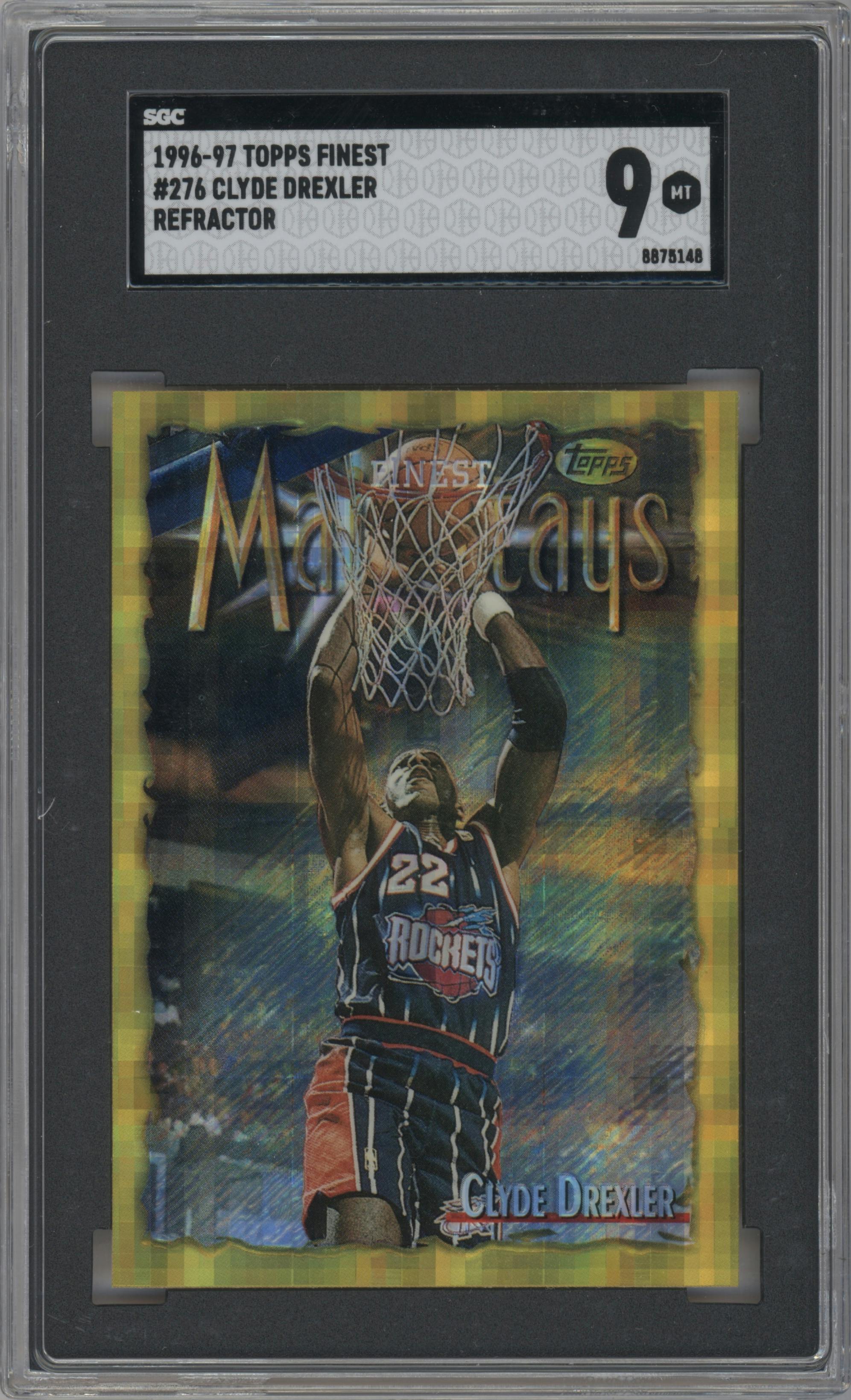 Clyde Drexler from the 1996-97 Topps Finest set featuring a Refractor parallel graded by SGC and given an overall grade of 9.