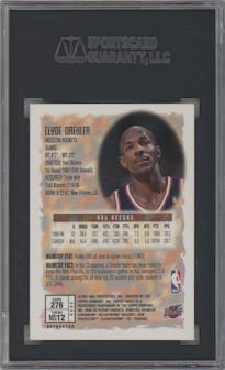 Clyde Drexler from the 1996-97 Topps Finest set featuring a Refractor parallel graded by SGC and given an overall grade of 9.