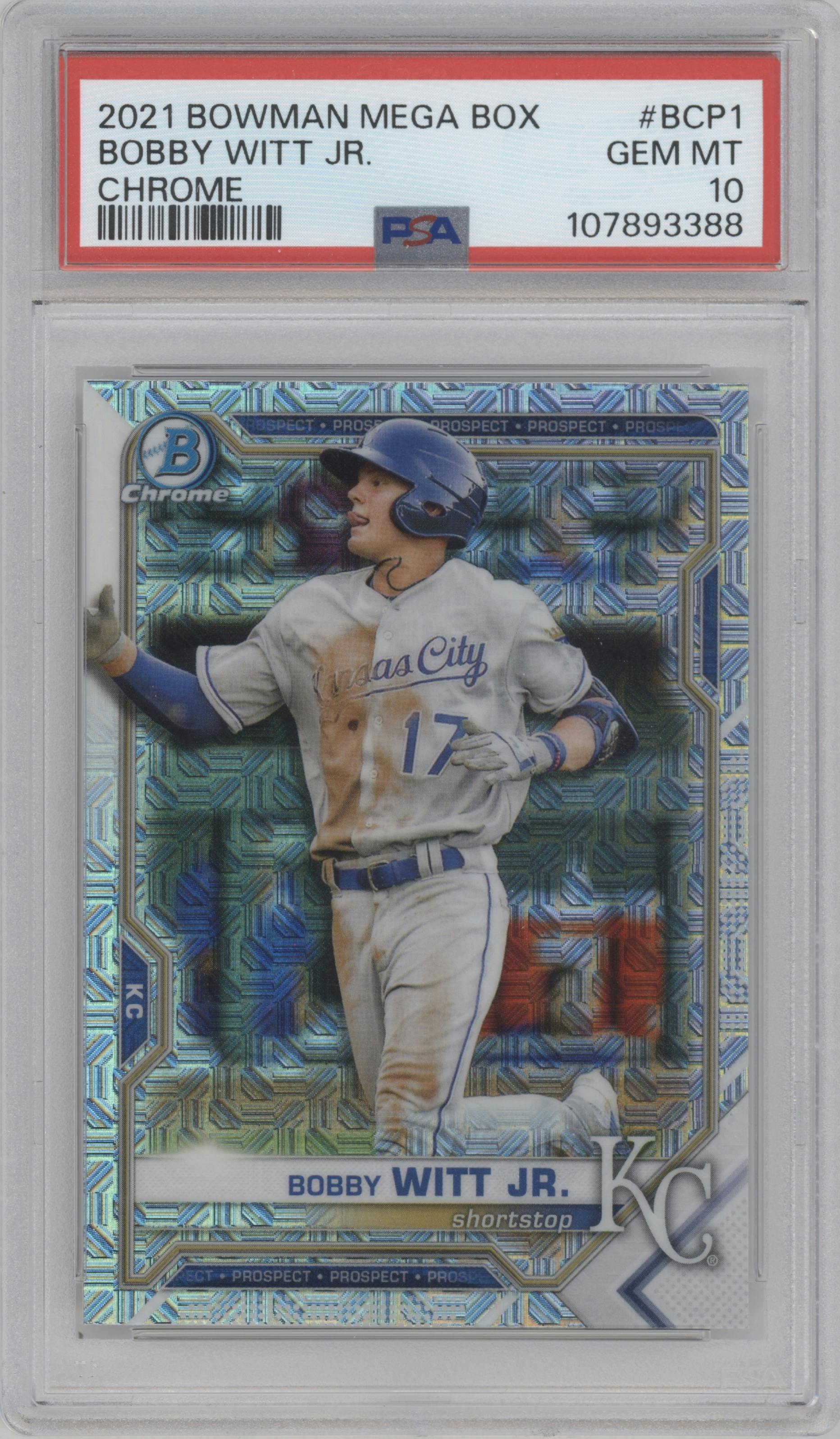 Bobby Witt Jr. from the 2021 Bowman Mega Box set graded by PSA and given an overall grade of 10.