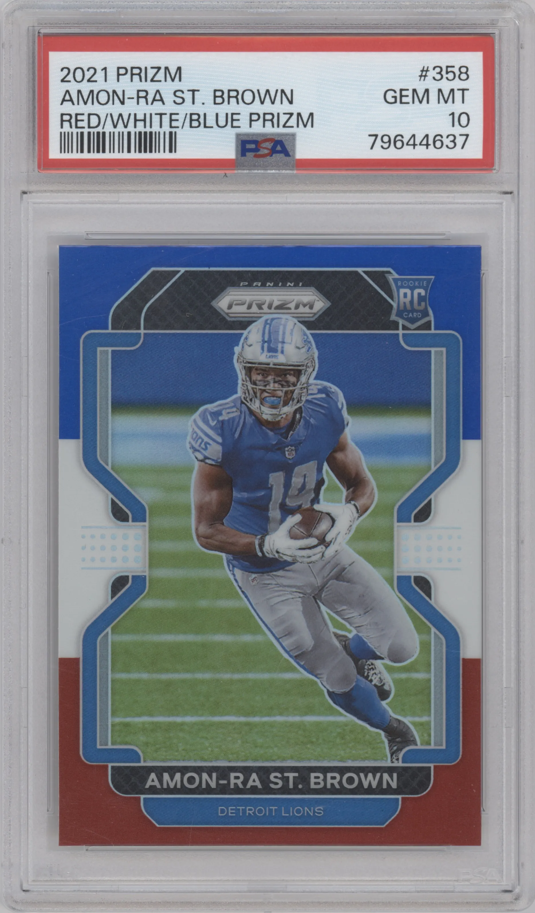 Amon-Ra St. Brown from the 2021 Panini Prizm set featuring a Red/White/Blue Prizm parallel graded by PSA and given an overall grade of 10.