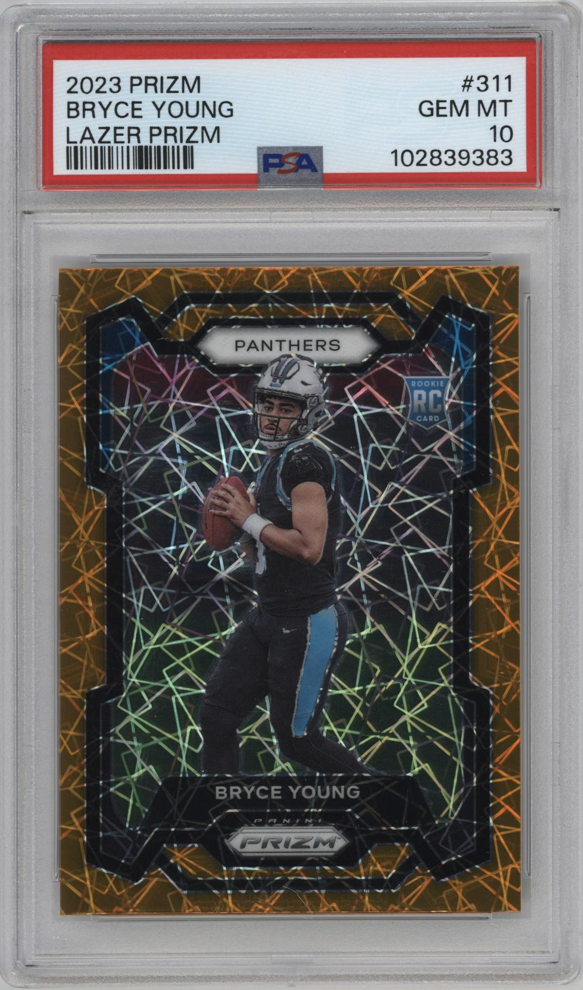 Bryce Young from the 2023 Panini Prizm set featuring a Lazer parallel graded by PSA and given an overall grade of 10.
