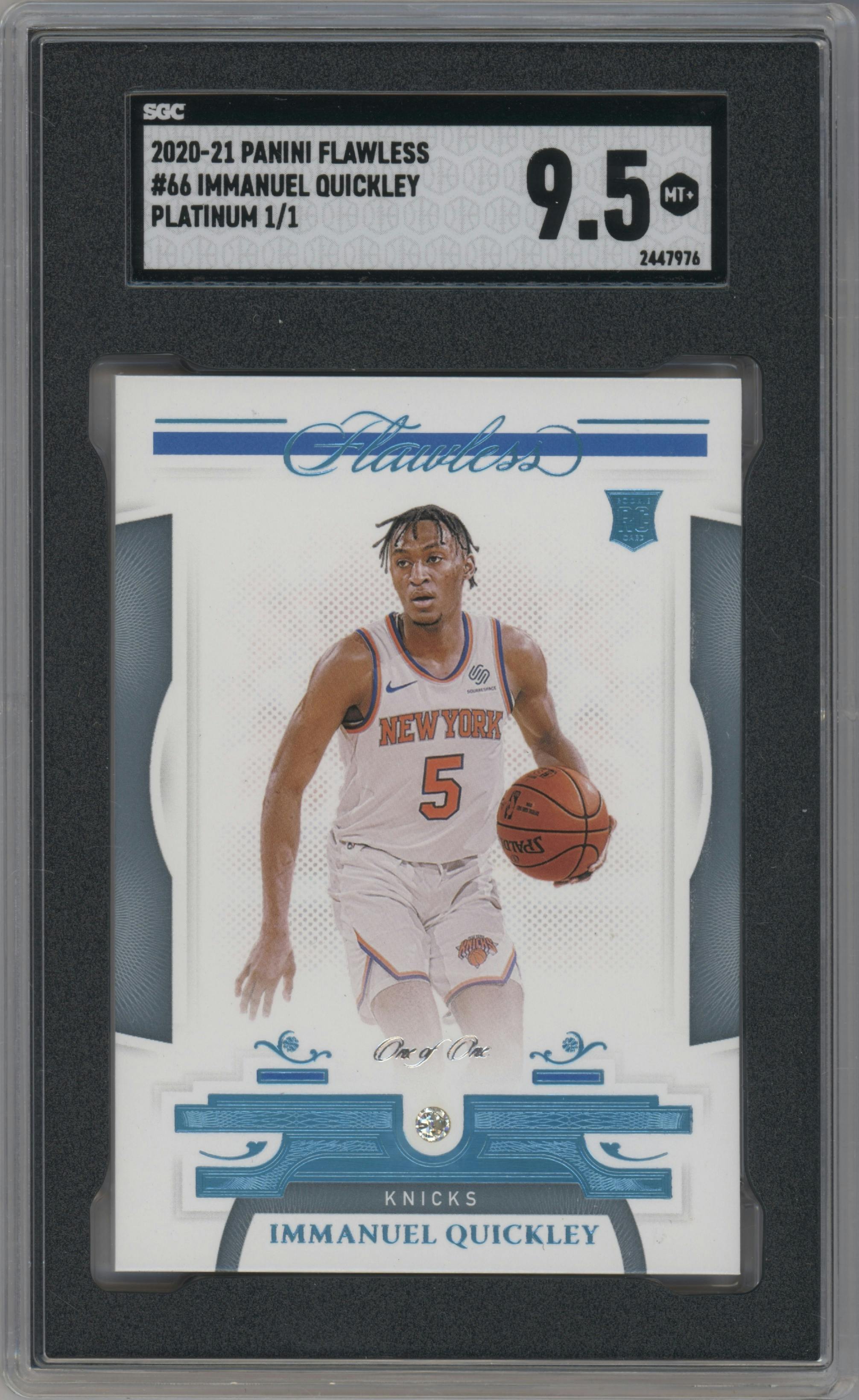 Immanuel Quickley from the 2020-21 Panini Flawless Basketball set featuring a Platinum parallel graded by SGC and given an overall grade of 9.5.