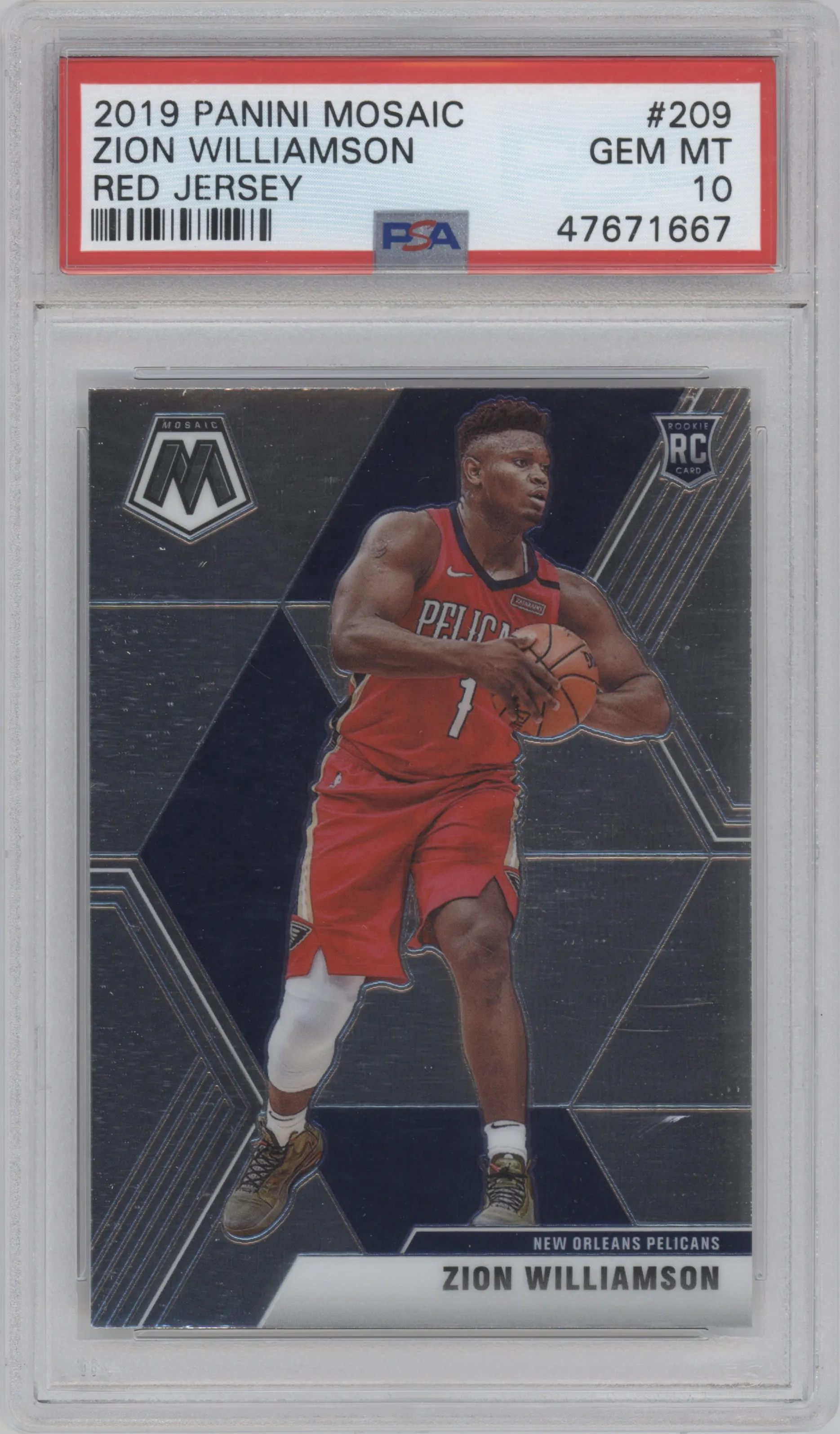 Zion Williamson from the 2019-20 Panini Mosaic  set graded by PSA and given an overall grade of 10.