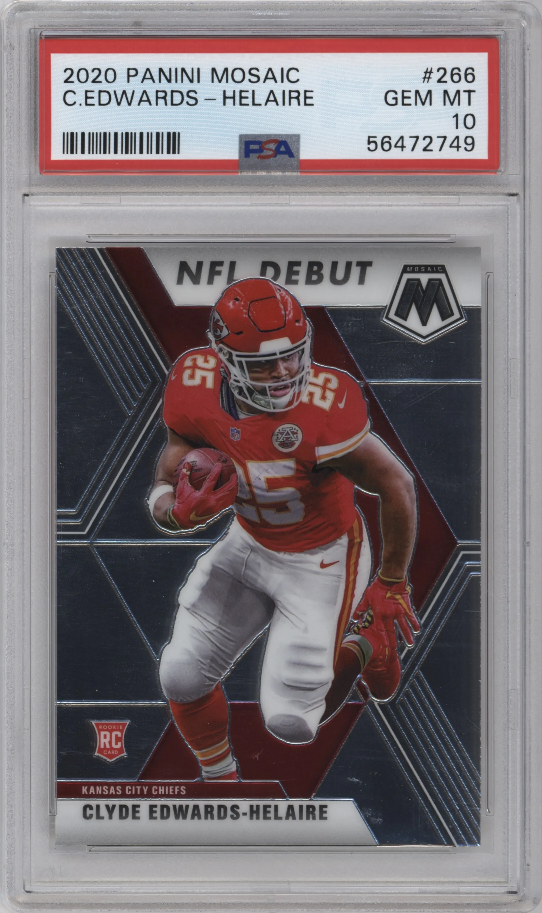 Clyde Edwards-Helaire from the 2020 Panini Mosaic set graded by PSA and given an overall grade of 10.