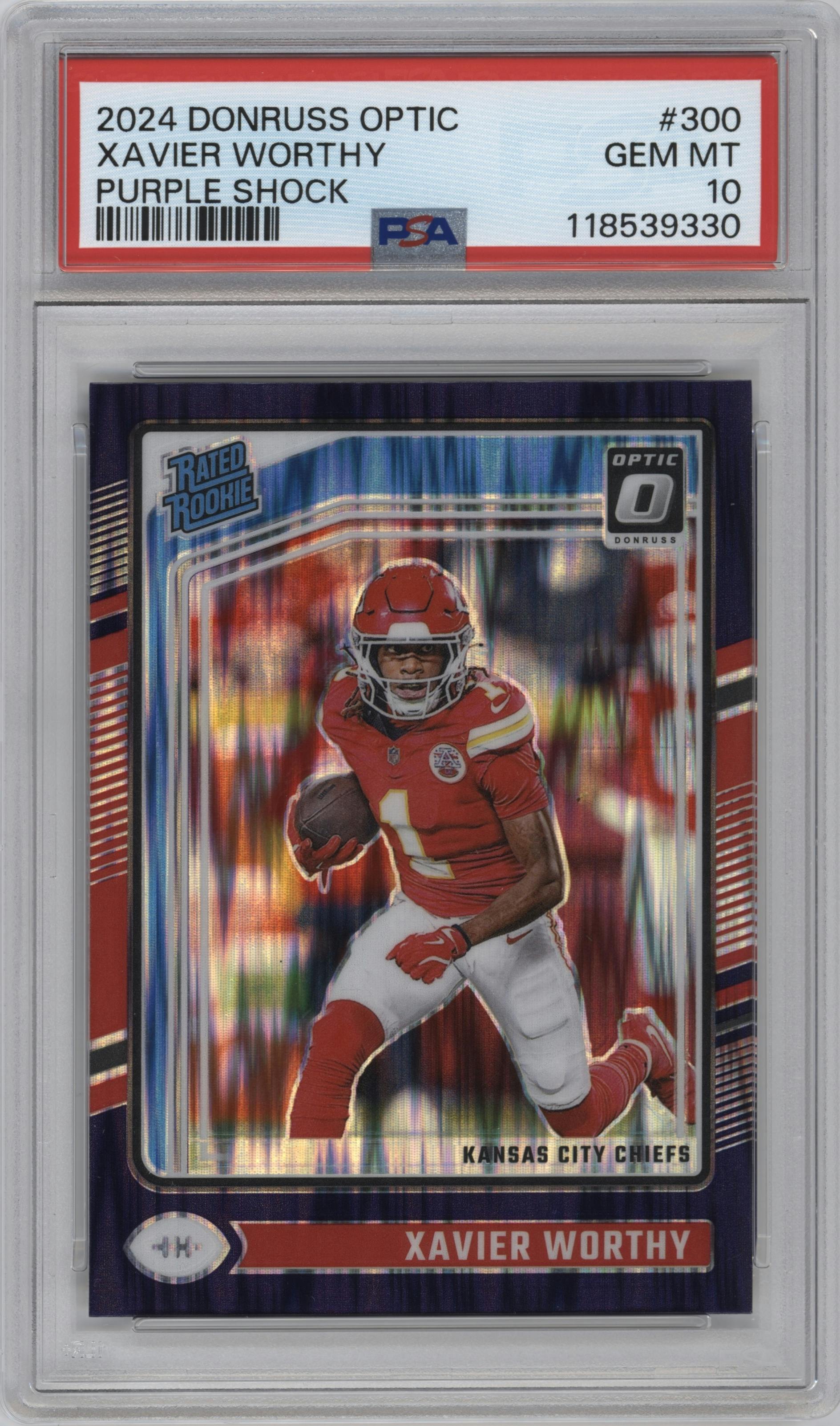 Xavier Worthy from the 2024 Donruss Optic set featuring a Purple Shock parallel graded by PSA and given an overall grade of 10.