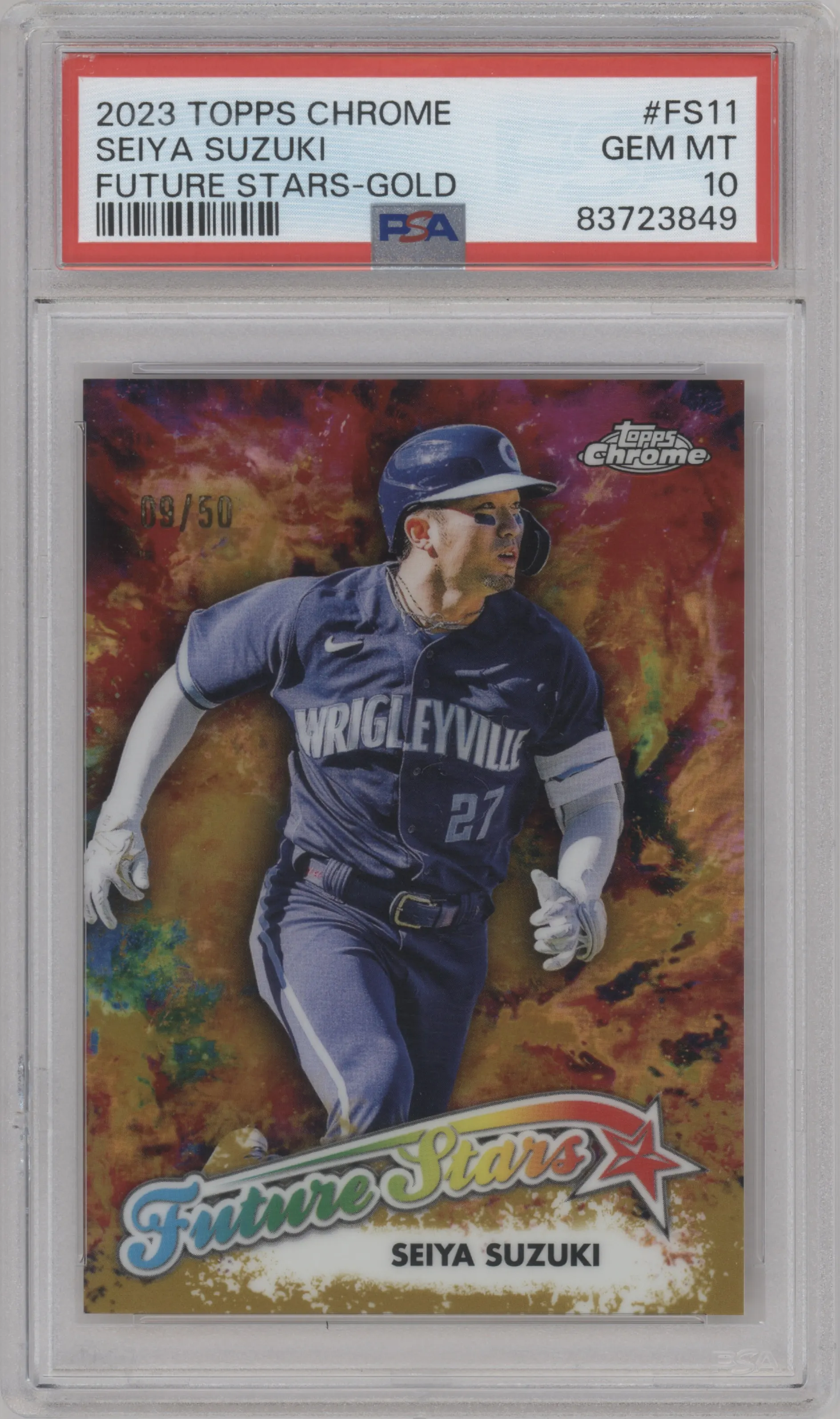 Seiya Suzuki from the 2023 Topps Chrome set featuring a Gold Refractor parallel graded by PSA and given an overall grade of 10.