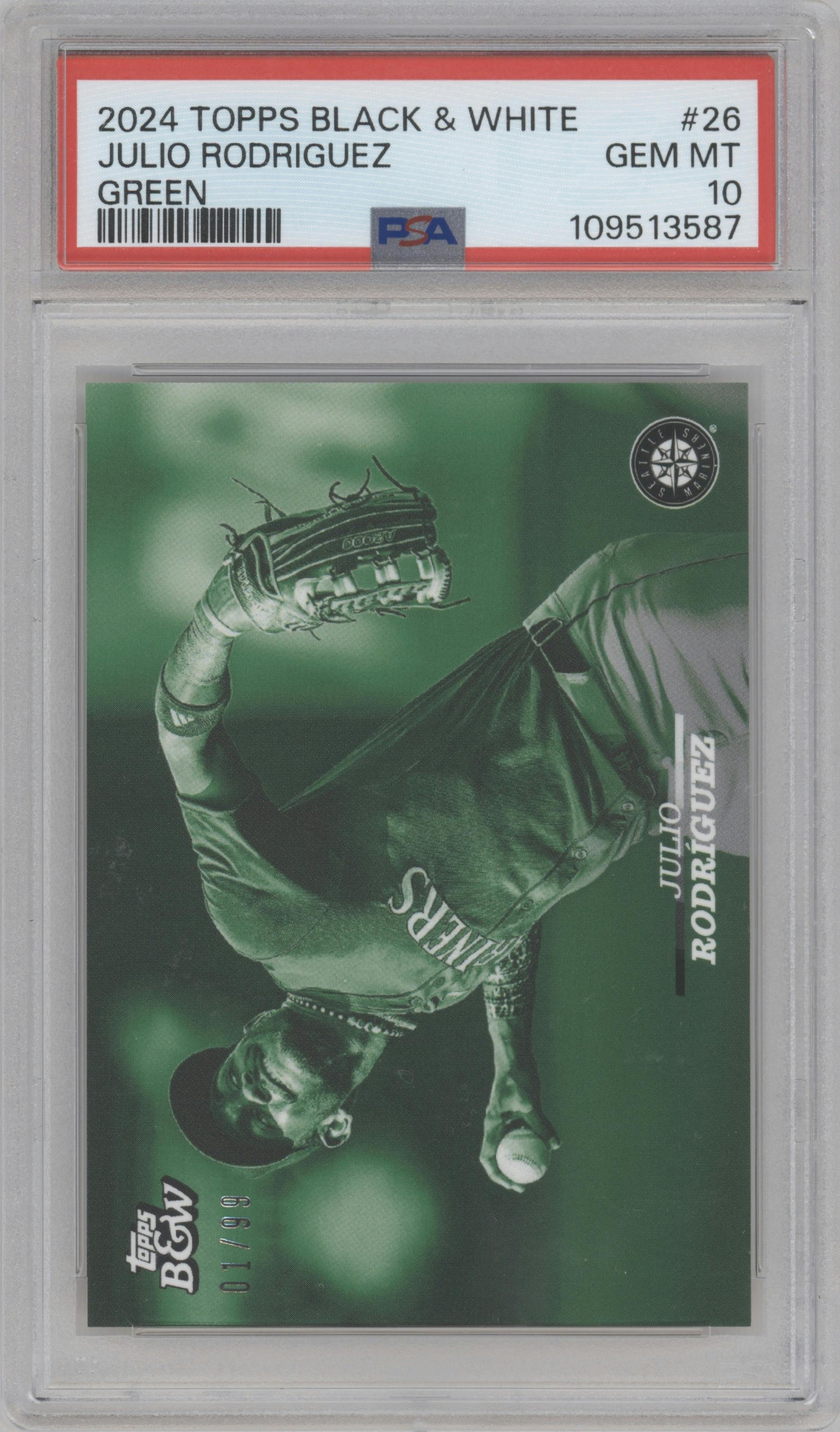 Julio Rodriguez from the 2024 Topps Black & White set featuring a Green parallel graded by PSA and given an overall grade of 10.