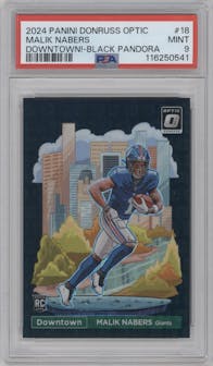 Malik Nabers from the 2024 Donruss Optic set featuring a Black Pandora parallel graded by PSA and given an overall grade of 9.