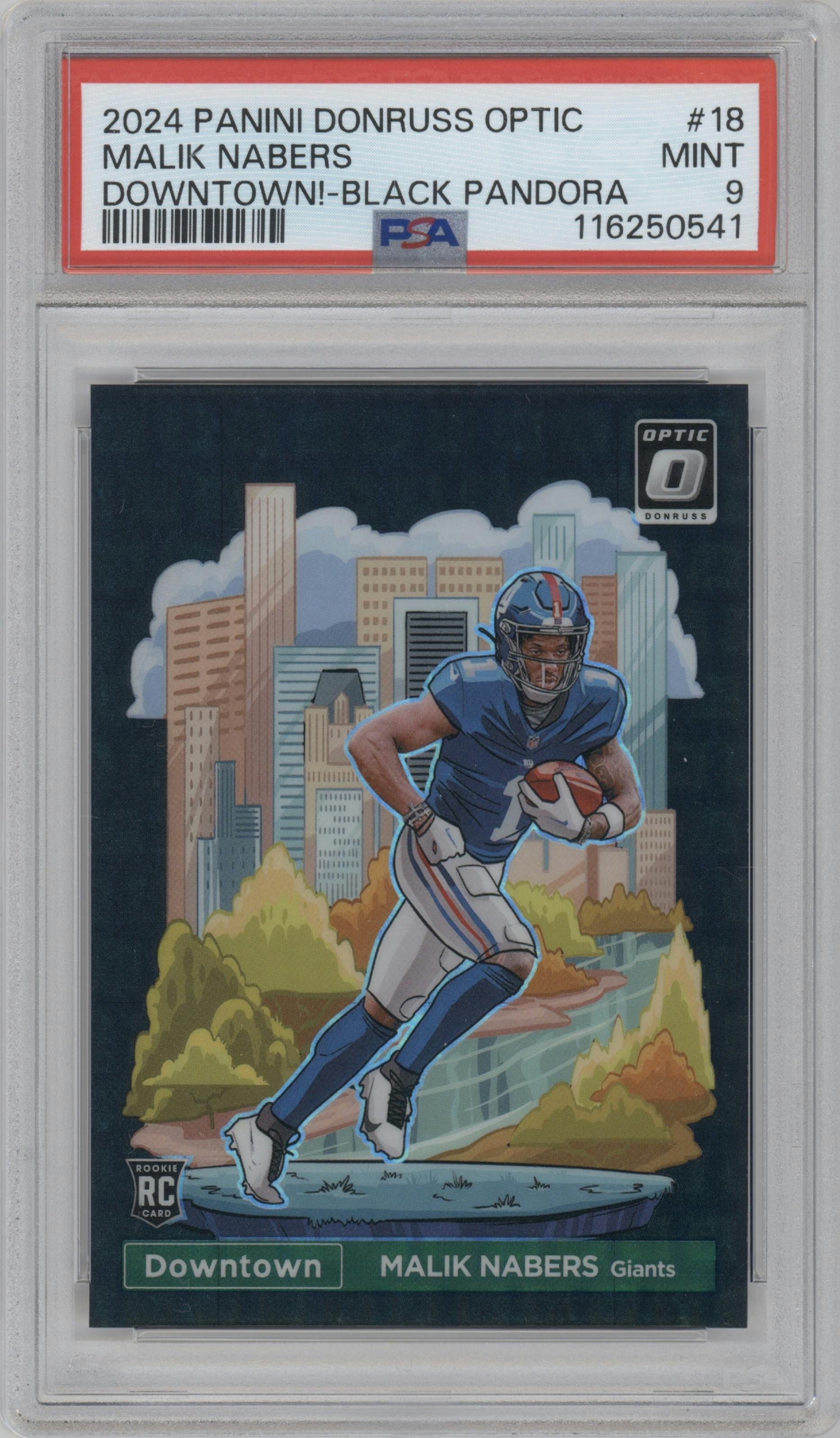 Malik Nabers from the 2024 Donruss Optic set featuring a Black Pandora parallel graded by PSA and given an overall grade of 9.