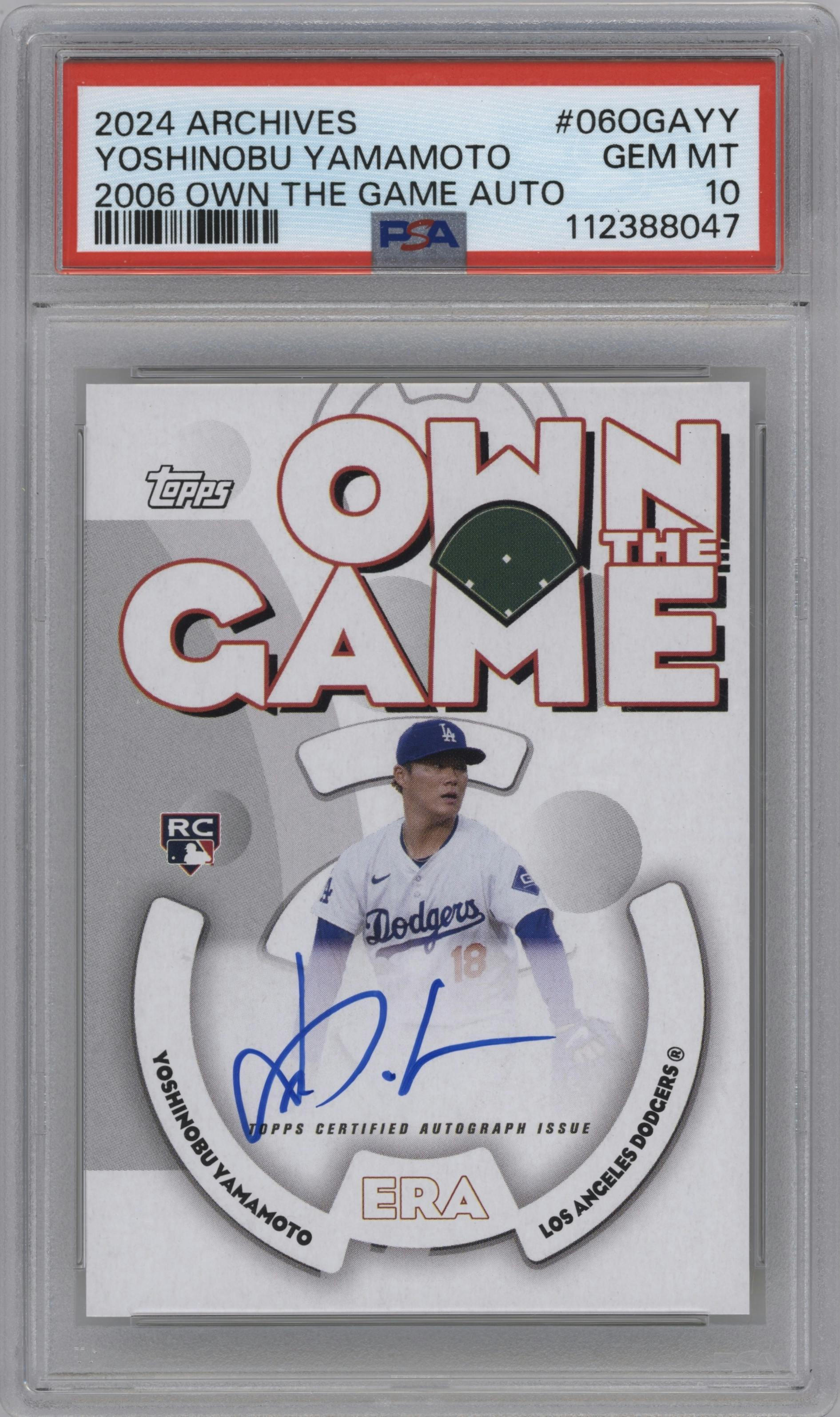 Yoshinobu Yamamoto from the 2024 Topps Archives set graded by PSA and given an overall grade of 10.