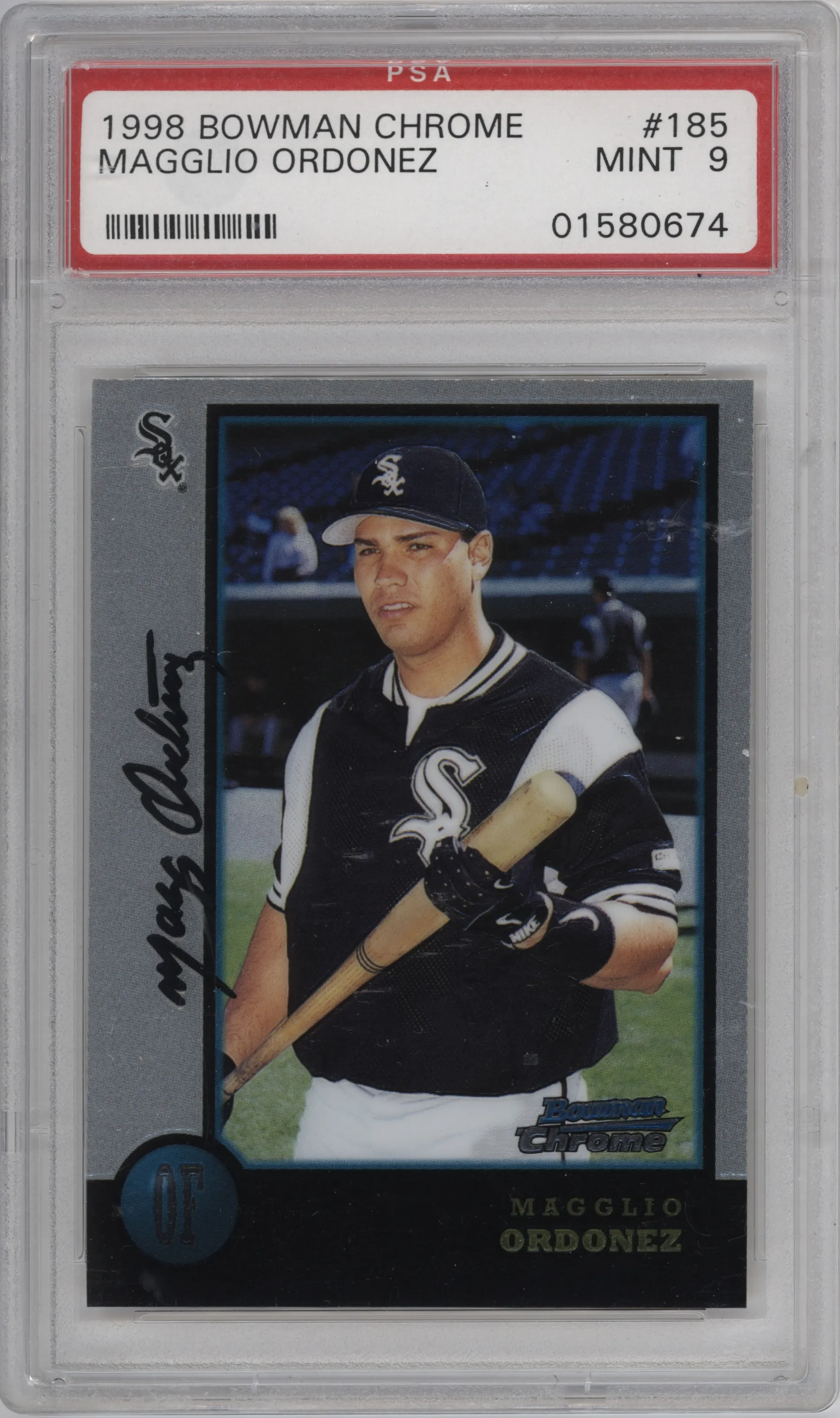 Magglio Ordonez  from the 1998 Bowman Chrome set graded by PSA and given an overall grade of 9.