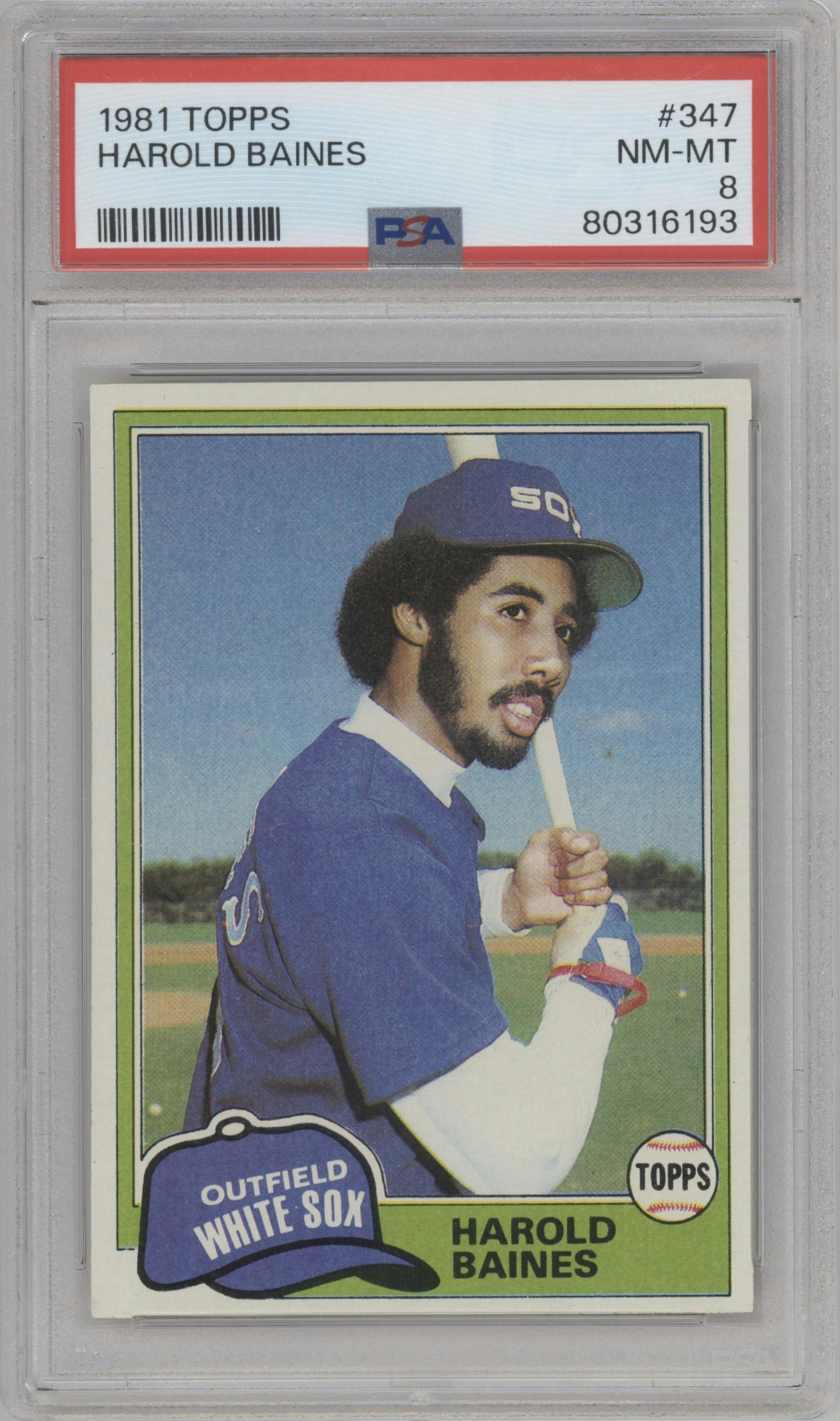 Harold Baines from the 1981 Topps set graded by PSA and given an overall grade of 8.