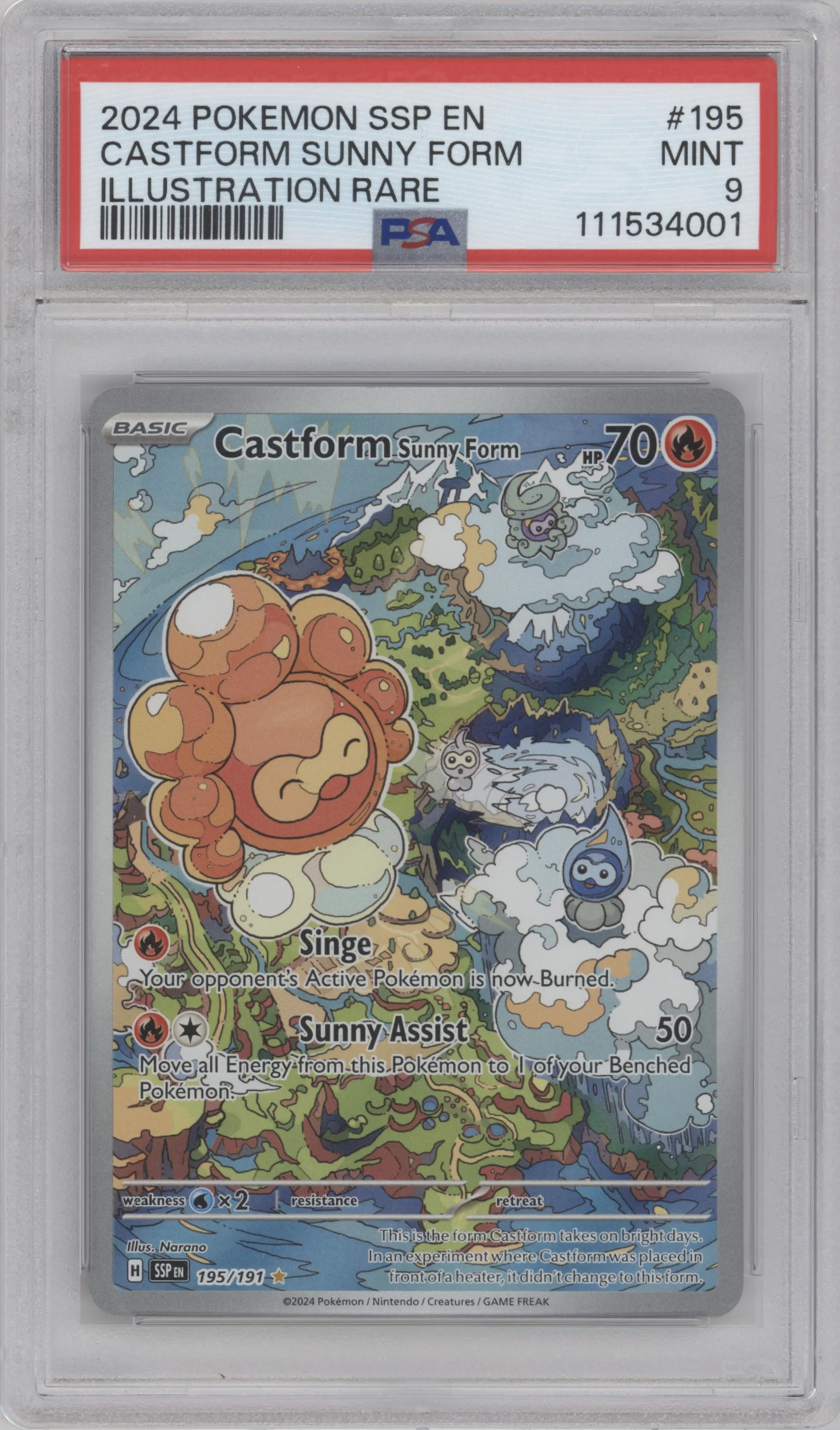 Castform Sunny Form from the 2024 Pokemon SV set graded by PSA and given an overall grade of 9.