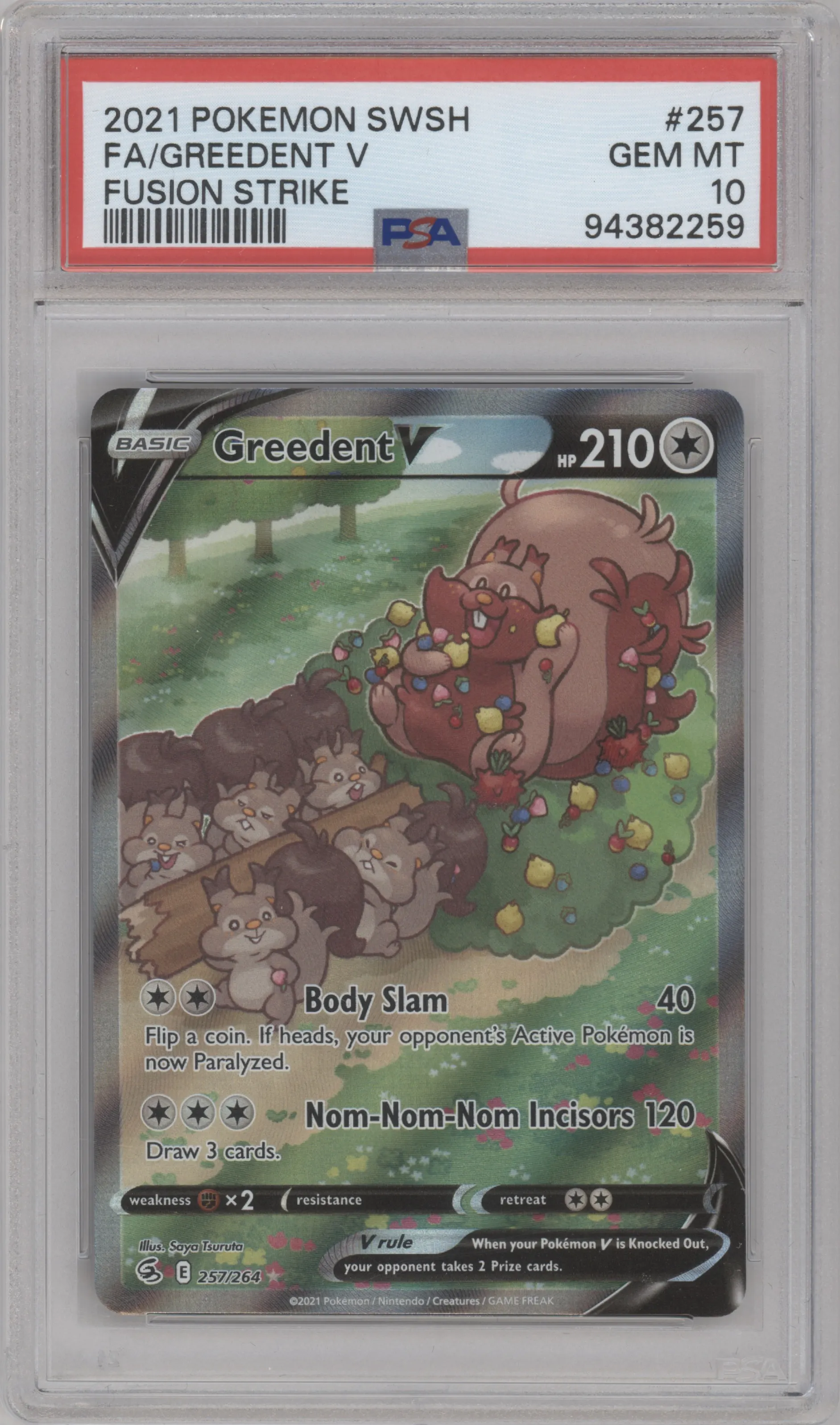 Greedent V from the 2021 Pokemon SWSH set graded by PSA and given an overall grade of 10.