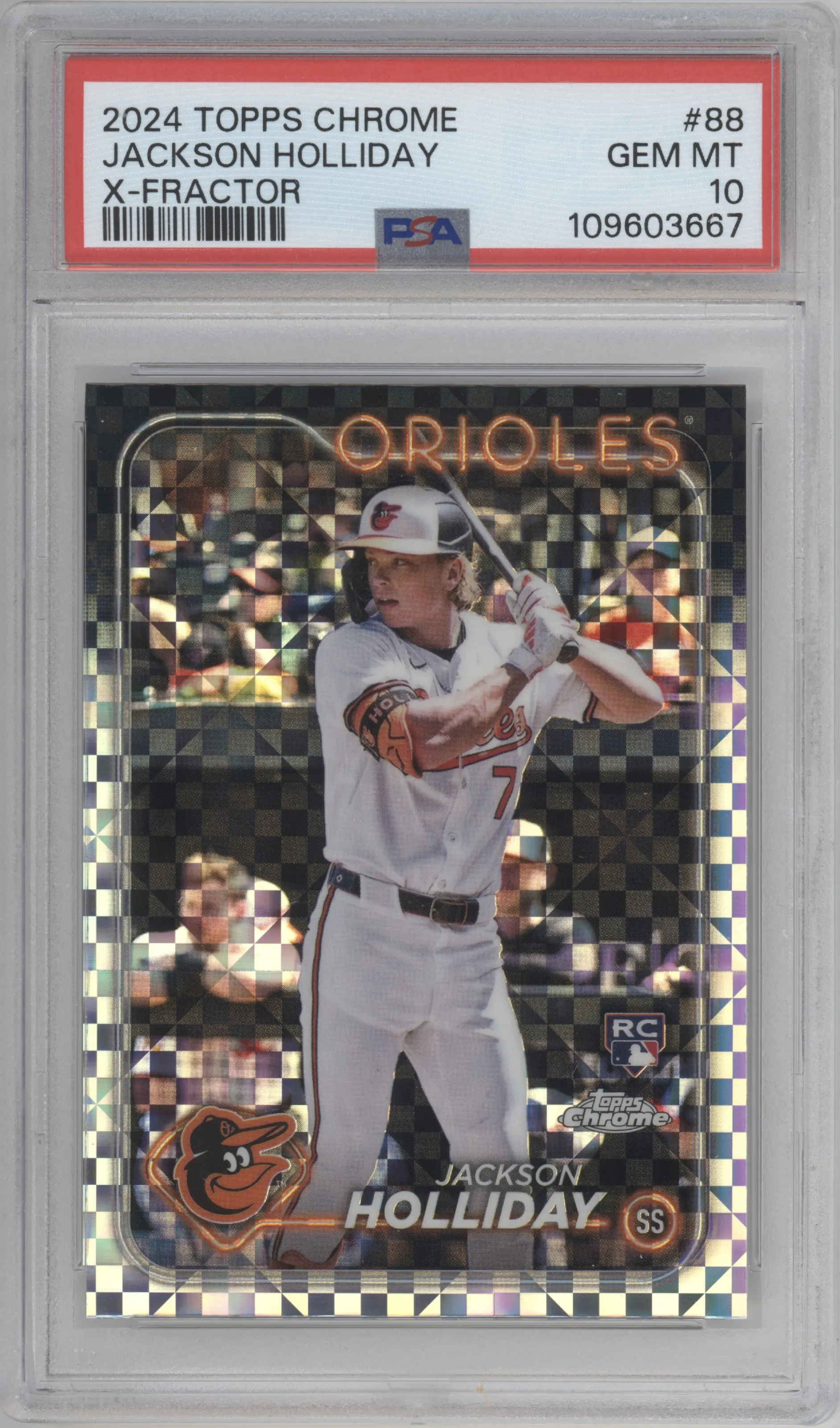 Jackson Holliday from the 2024 Topps Chrome set featuring a X-Fractor parallel graded by PSA and given an overall grade of 10.