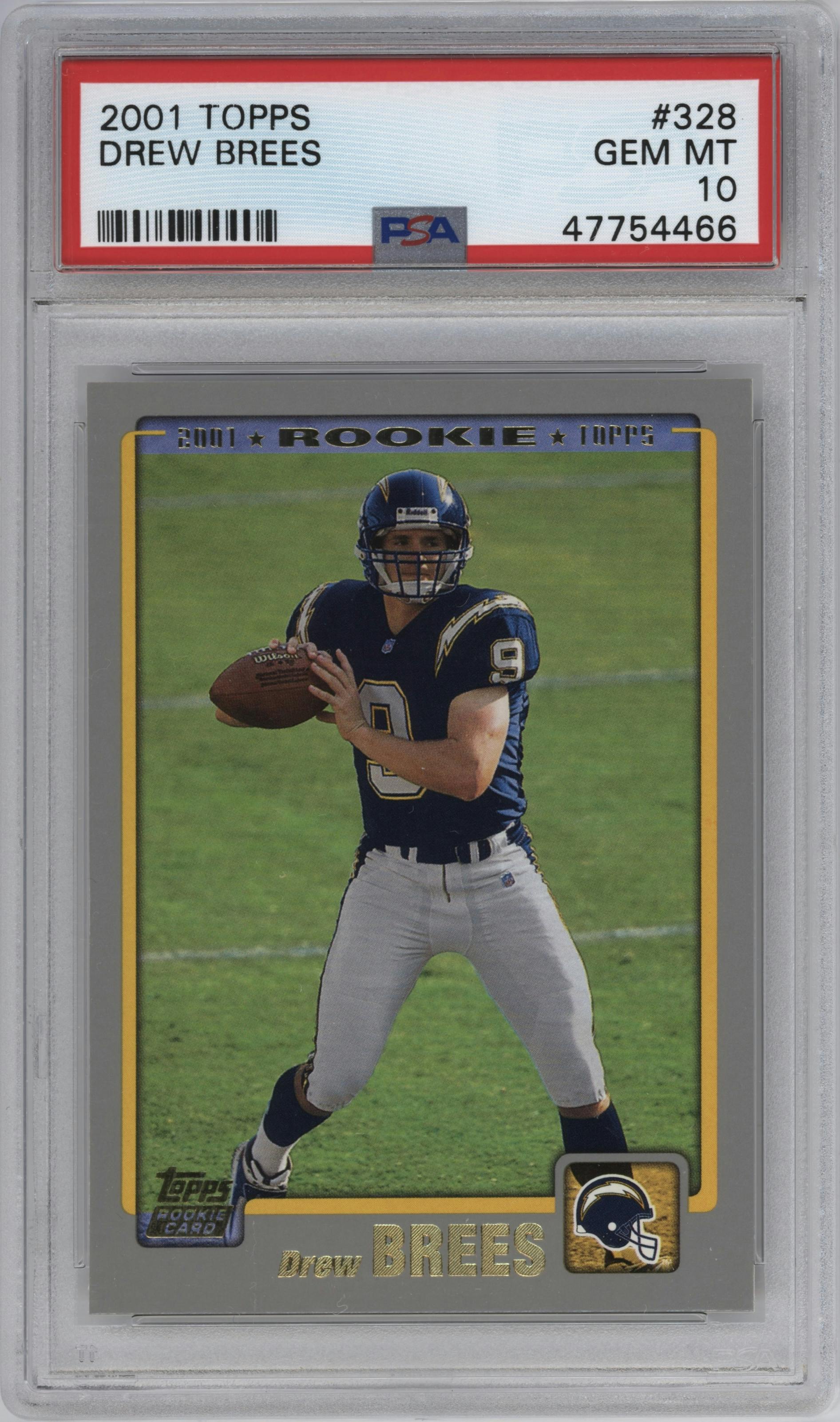 Drew Brees  from the 2001 Topps set graded by PSA and given an overall grade of 10.