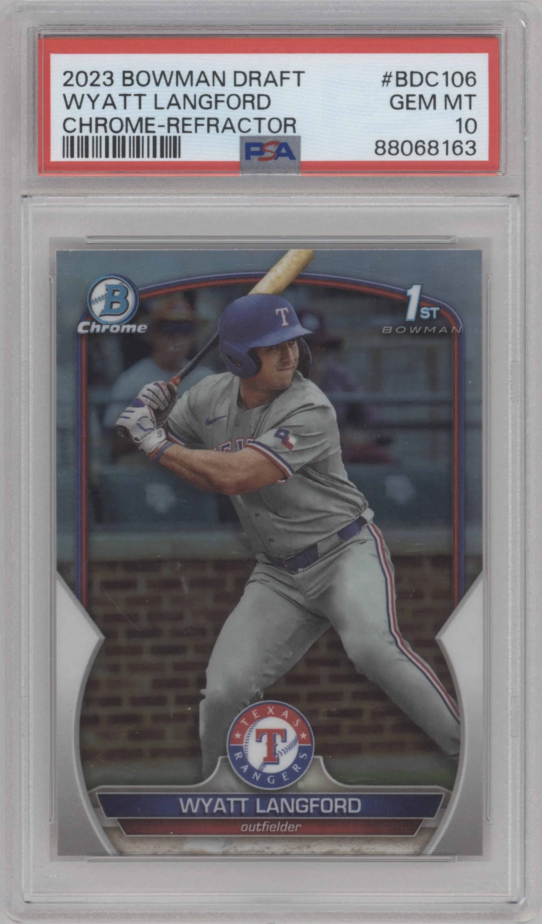 Wyatt Langford from the 2023 Bowman Draft set featuring a Refractor parallel graded by PSA and given an overall grade of 10.
