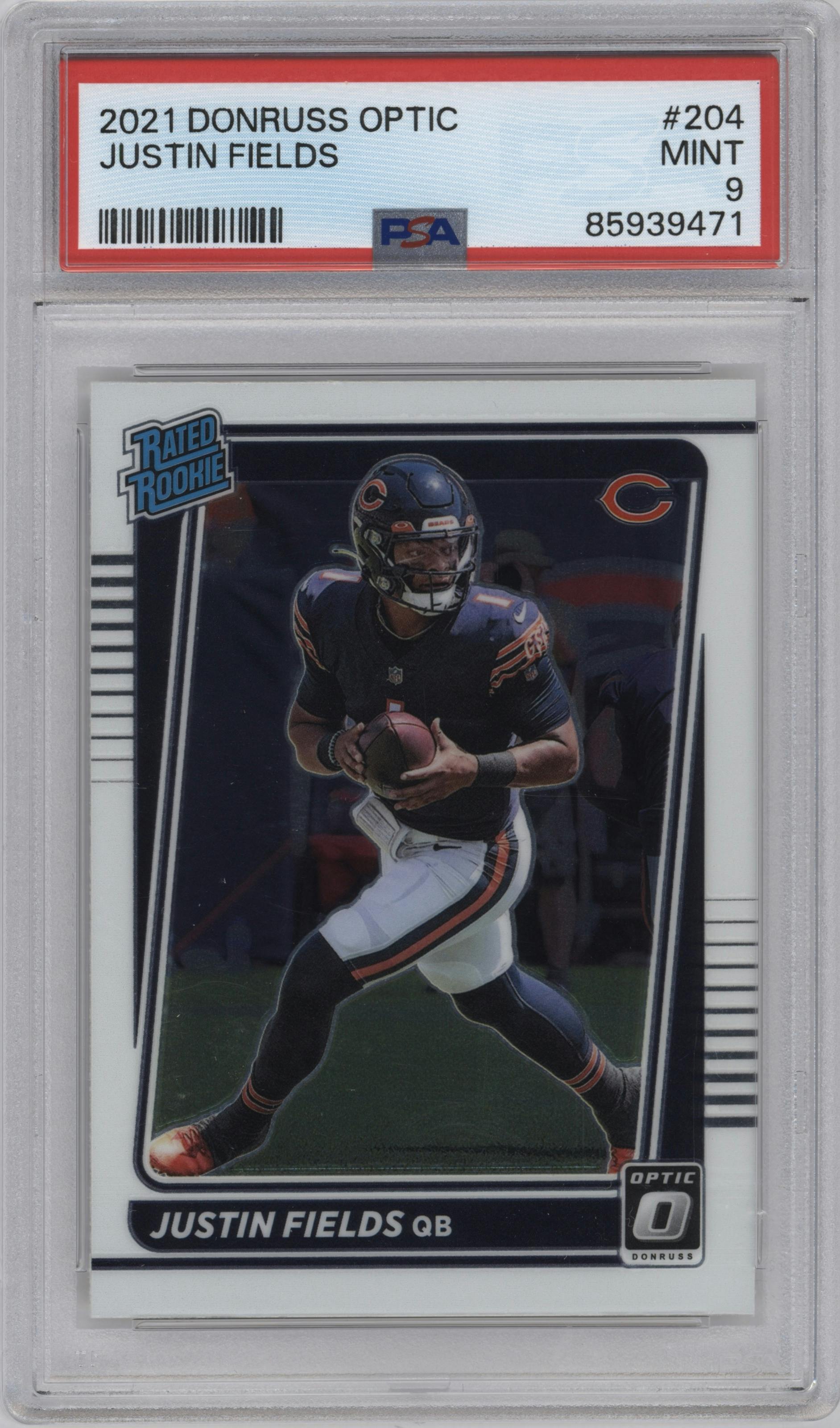 Justin Fields from the 2021 Panini Donruss Optic set graded by PSA and given an overall grade of 9.