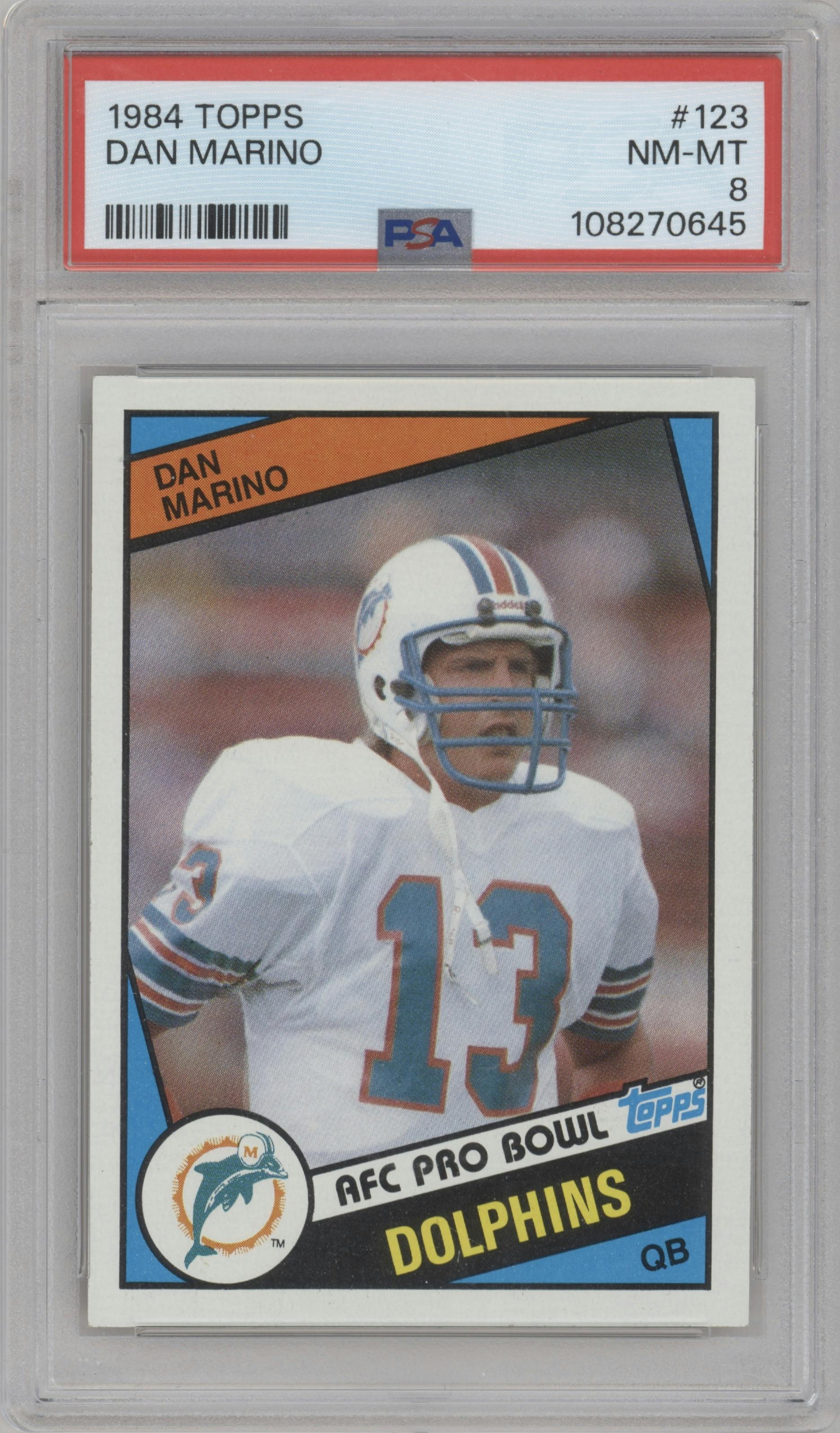 Dan Marino from the 1984 Topps set graded by PSA and given an overall grade of 8.